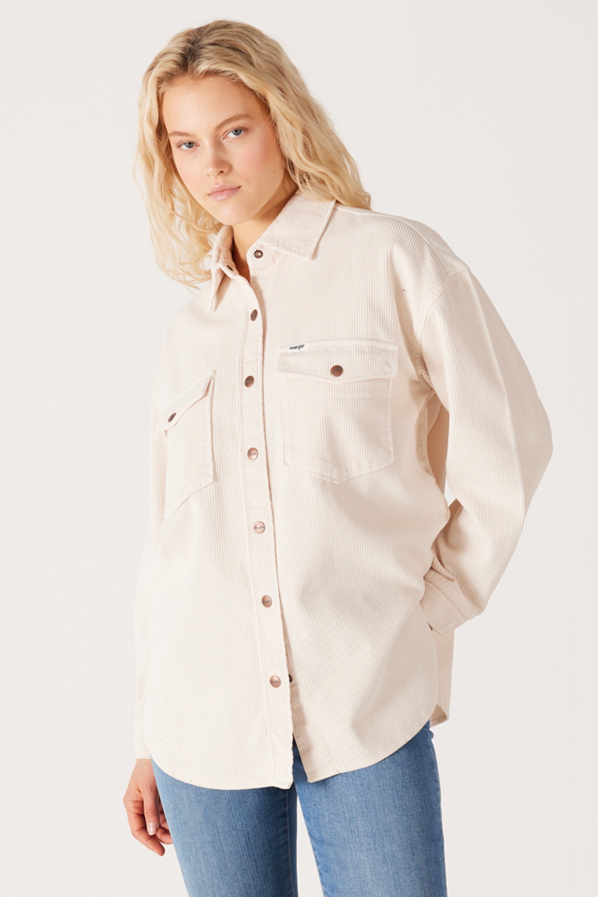 Oversize Fit Geniş Kesim %100 Pamuk Kadife Ekru Uzun Kollu Gömlek