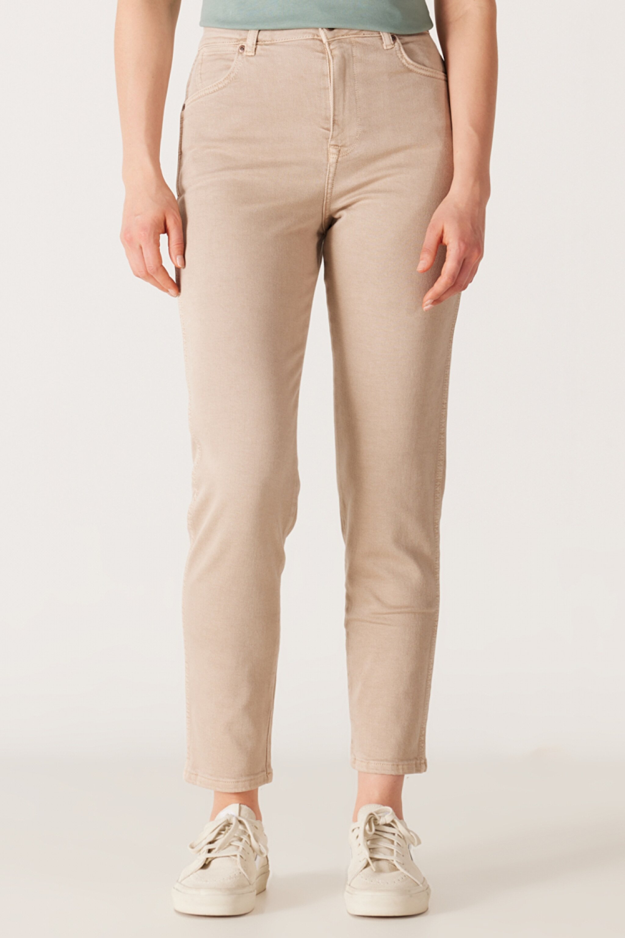 Mom Fit Yüksek Bel Dar Paça Bej Esnek Pantolon - Beige-W232182614