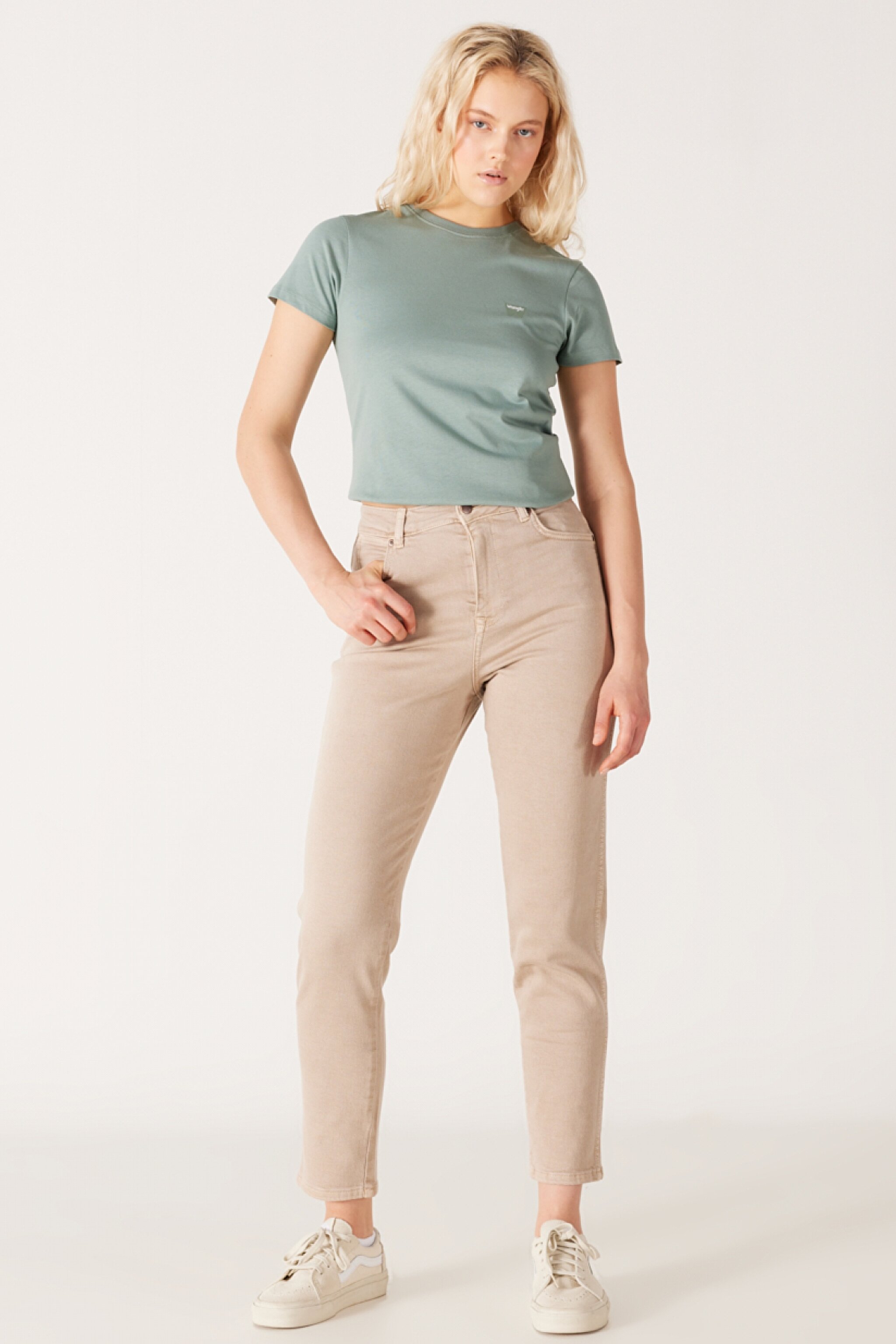 Mom Fit Yüksek Bel Dar Paça Bej Esnek Pantolon - Beige-W232182614 (görsel 2)