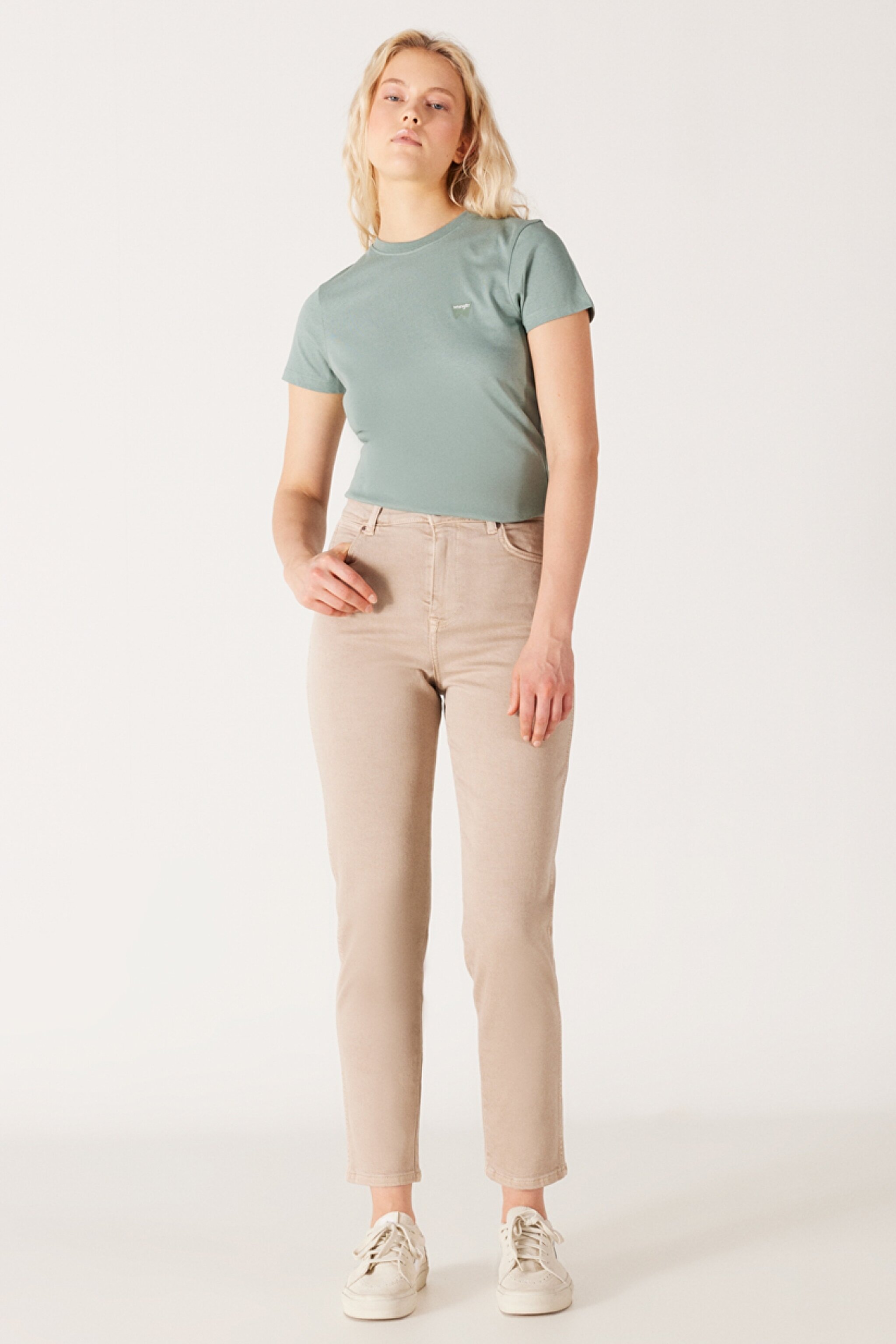 Mom Fit Yüksek Bel Dar Paça Bej Esnek Pantolon - Beige-W232182614 (görsel 4)