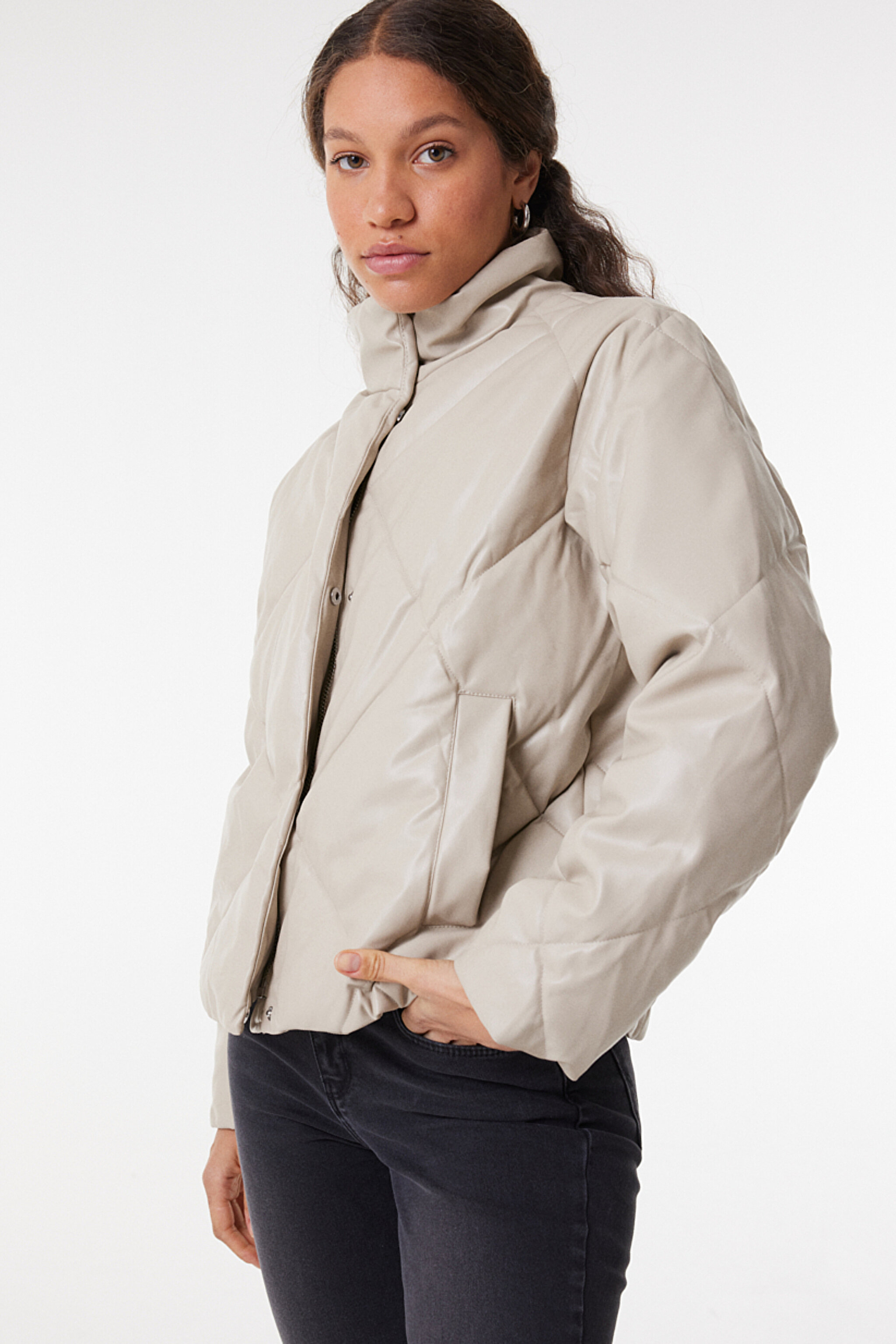 Loose Fit Rahat Kesim Dik Yaka Bej Suni Deri Ceket - Beige-W232205614 (görsel 2)