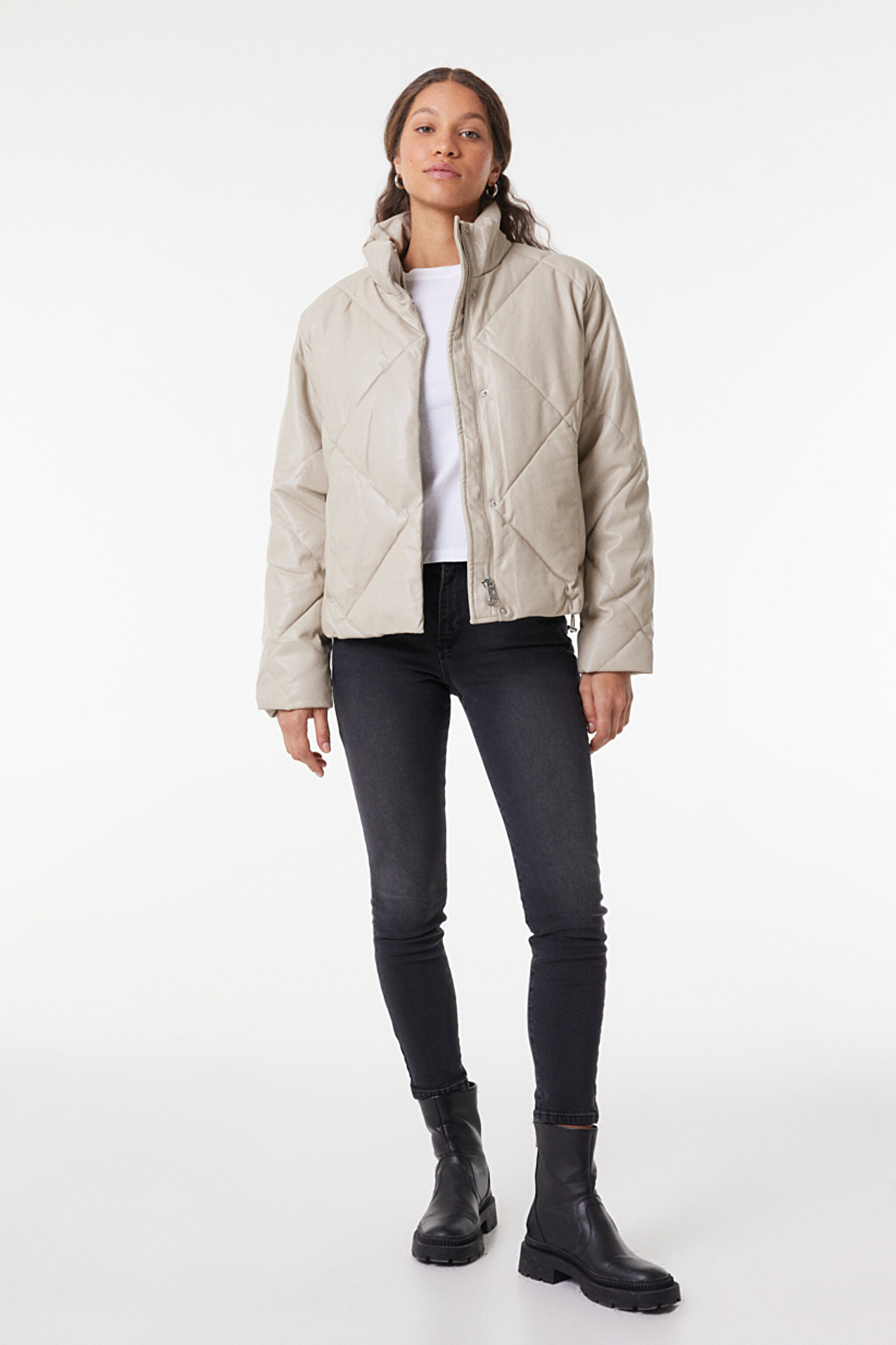 Loose Fit Rahat Kesim Dik Yaka Bej Suni Deri Ceket - Beige-W232205614 (görsel 5)