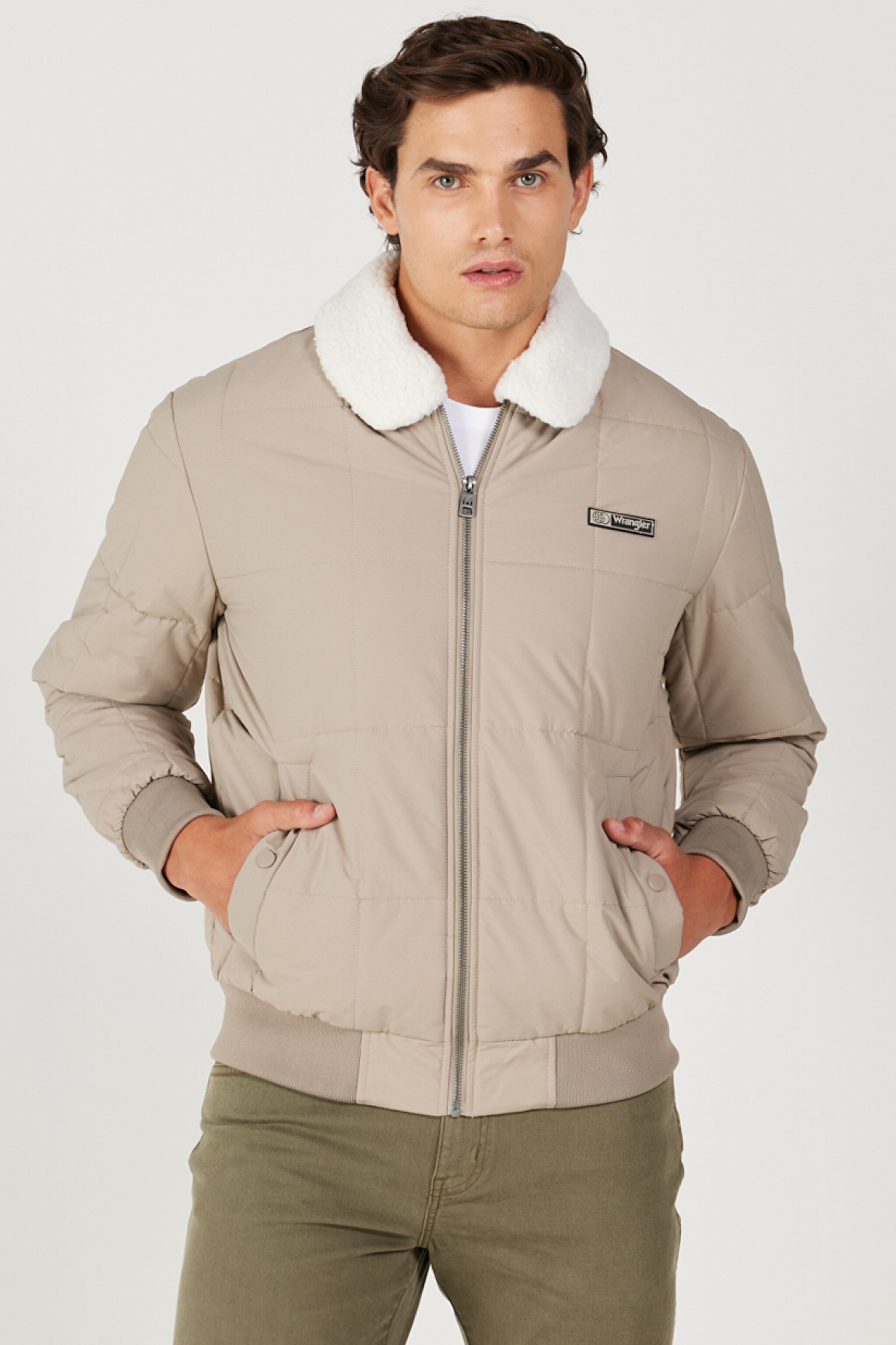 Regular Fit Normal Kesim Bej Sherpa Bomber Ceket - Beige-W232228614