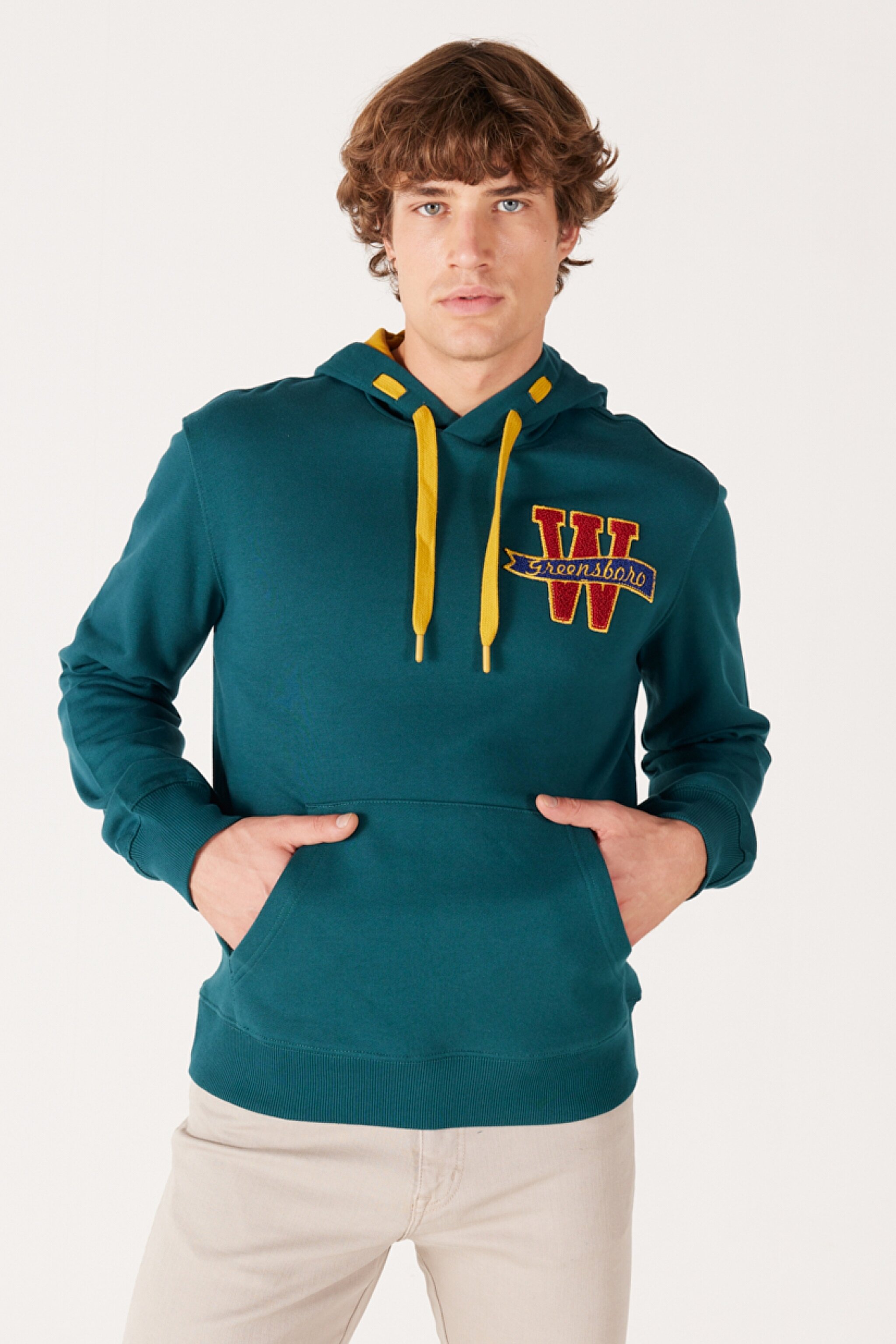 Regular Fit Normal Kesim Kapüşonlu Şardonlu Koyu Yeşil Sweatshirt - Dark Green-W232238826