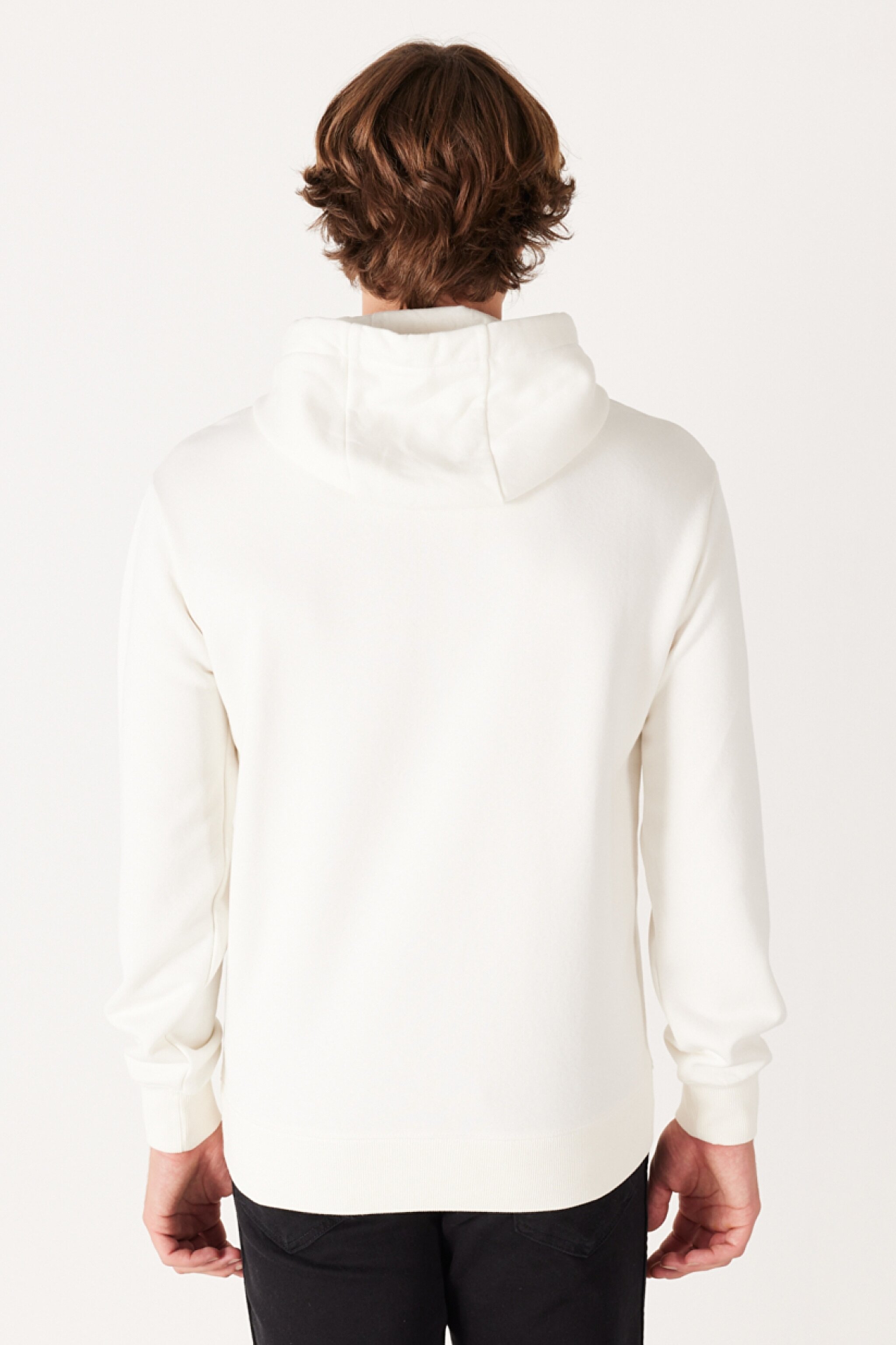 Regular Fit Normal Kesim Kapüşonlu İçi Polarlı Kırık Beyaz Sweatshirt - Off White-W232239102 (görsel 6)