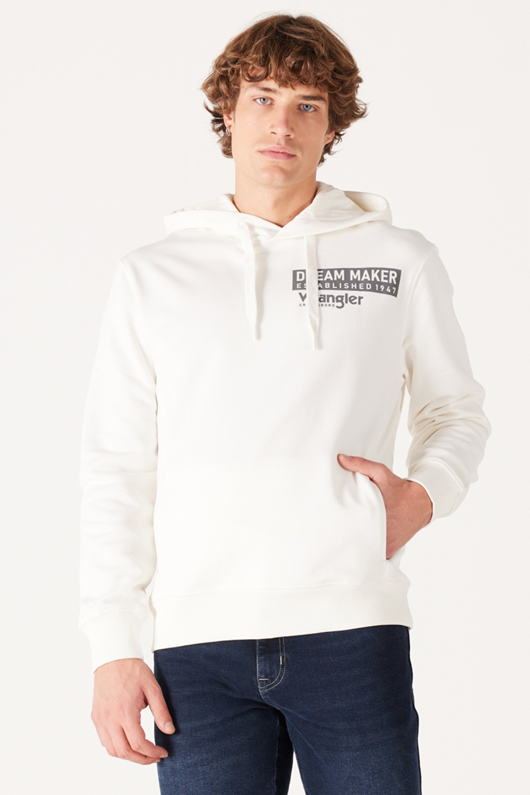 Regular Fit Normal kesim Kapüşonlu Şardonlu Kırık Beyaz Sweatshirt