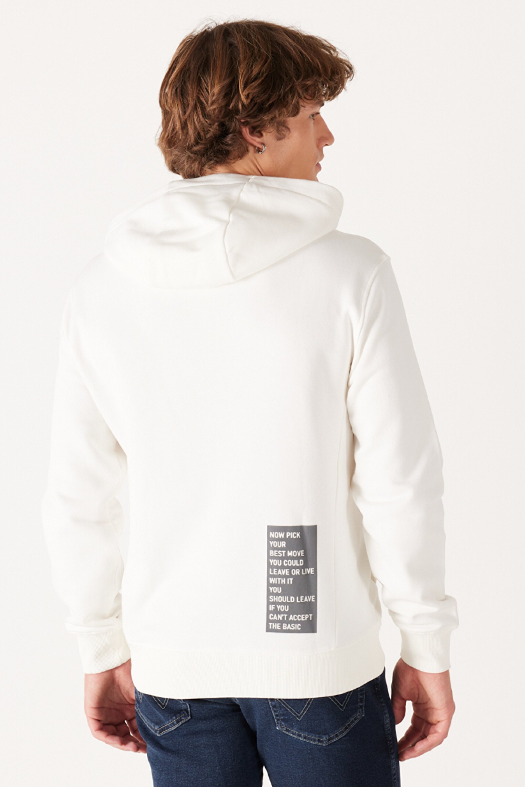 Regular Fit Normal kesim Kapüşonlu Şardonlu Kırık Beyaz Sweatshirt - Off White-W232242102 (görsel 5)
