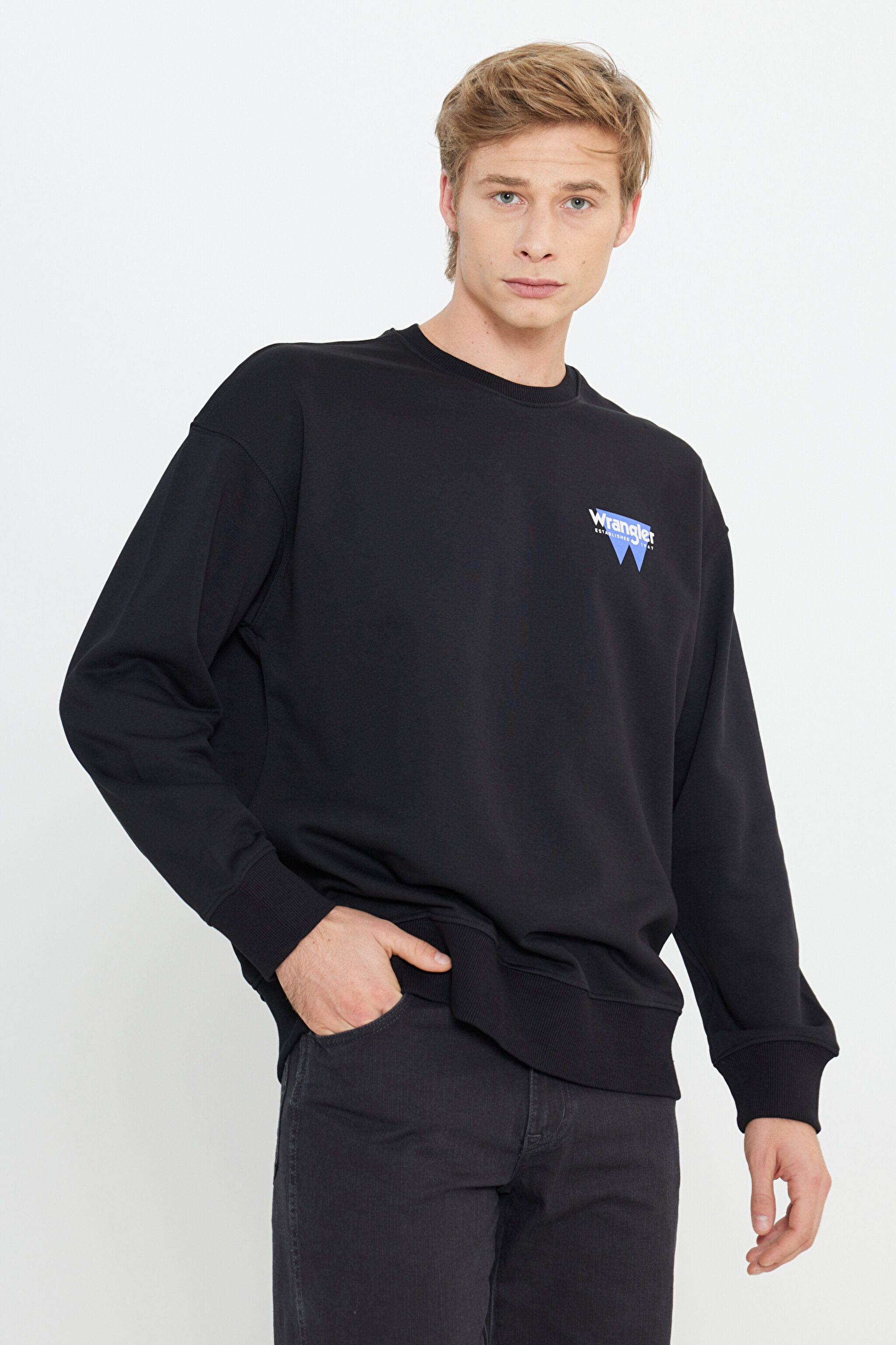 Oversize Fit Geniş Kesim Bisiklet Yaka Şardonlu Siyah Sweatshirt - Black-W232243001 (görsel 5)