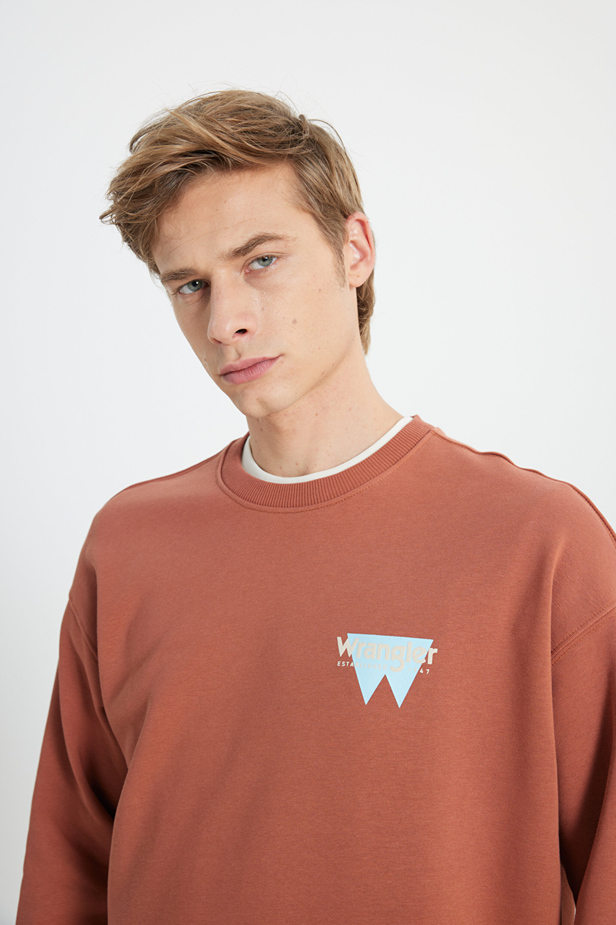 Oversize Fit Geniş Kesim Bisiklet Yaka Şardonlu Tarçın Sweatshirt - Light Brown-W232243219 (görsel 4)