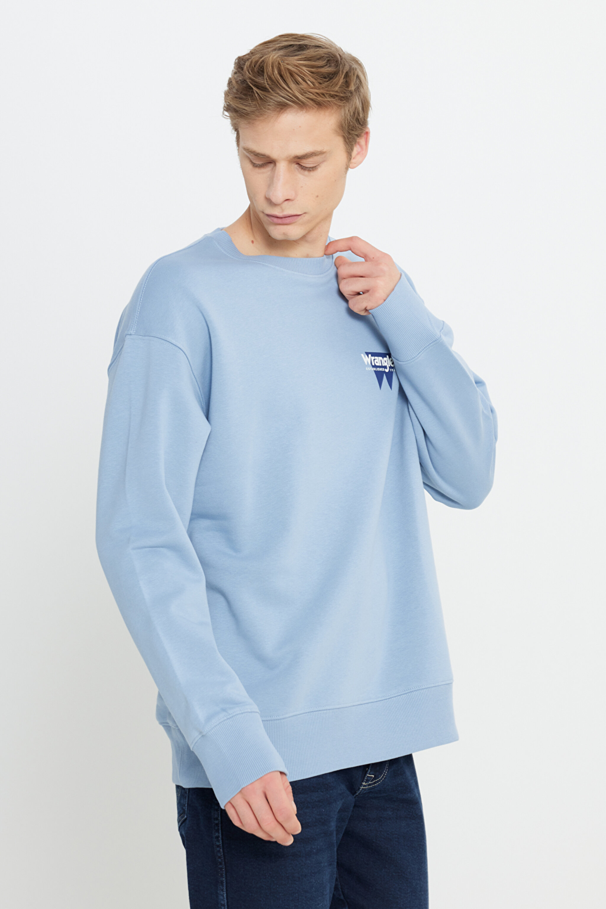 Oversize Fit Geniş Kesim Bisiklet Yaka Şardonlu Açık Mavi Sweatshirt