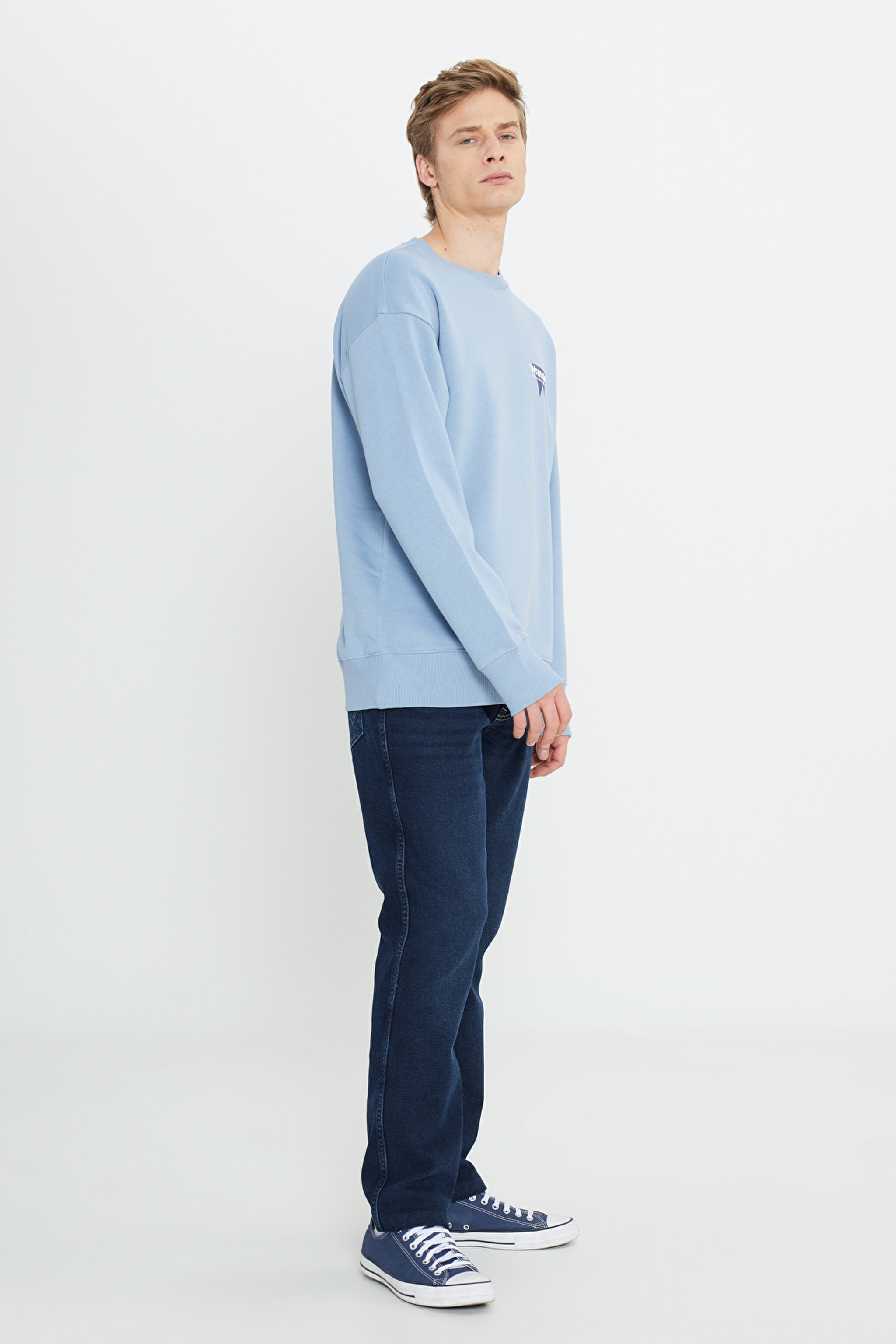 Oversize Fit Geniş Kesim Bisiklet Yaka Şardonlu Açık Mavi Sweatshirt - Light Blue-W232243404 (görsel 4)