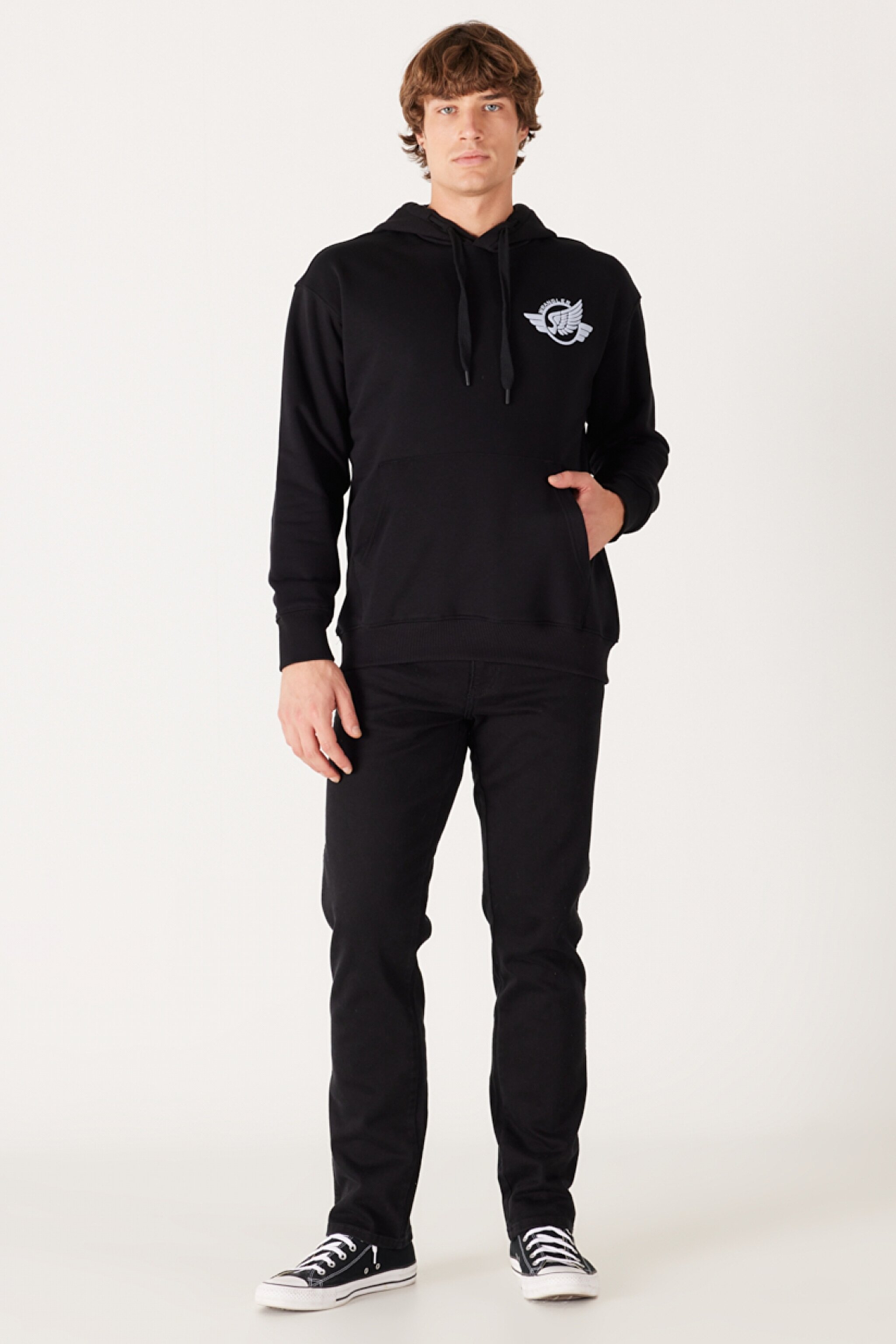 Loose Fit Rahat Kesim Kapüşonlu Sırt Baskılı İçi Polarlı Siyah Sweatshirt - Black-W232246001 (görsel 5)