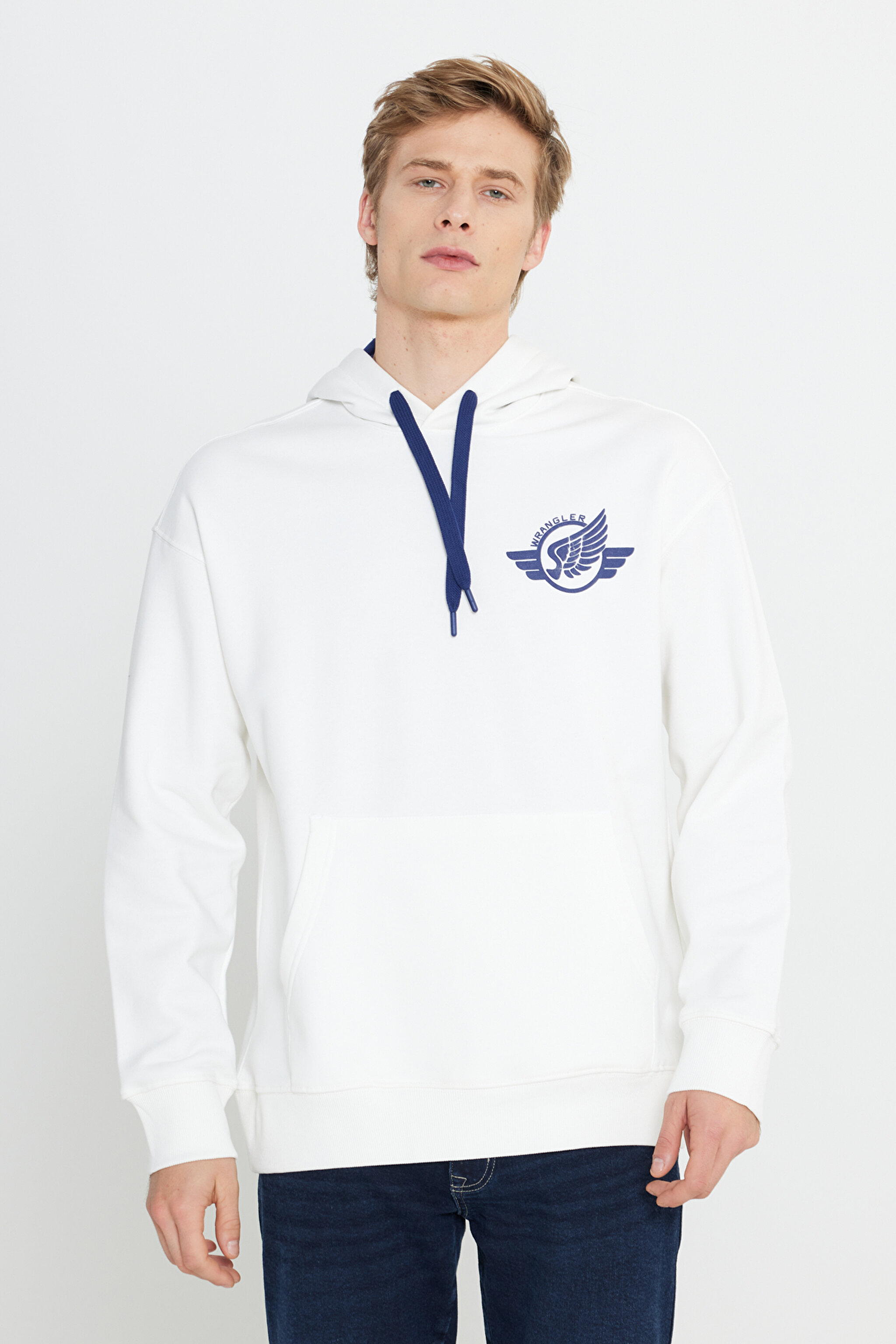 Loose Fit Rahat Kesim Kapüşonlu Sırt Baskılı İçi Polarlı Beyaz Sweatshirt