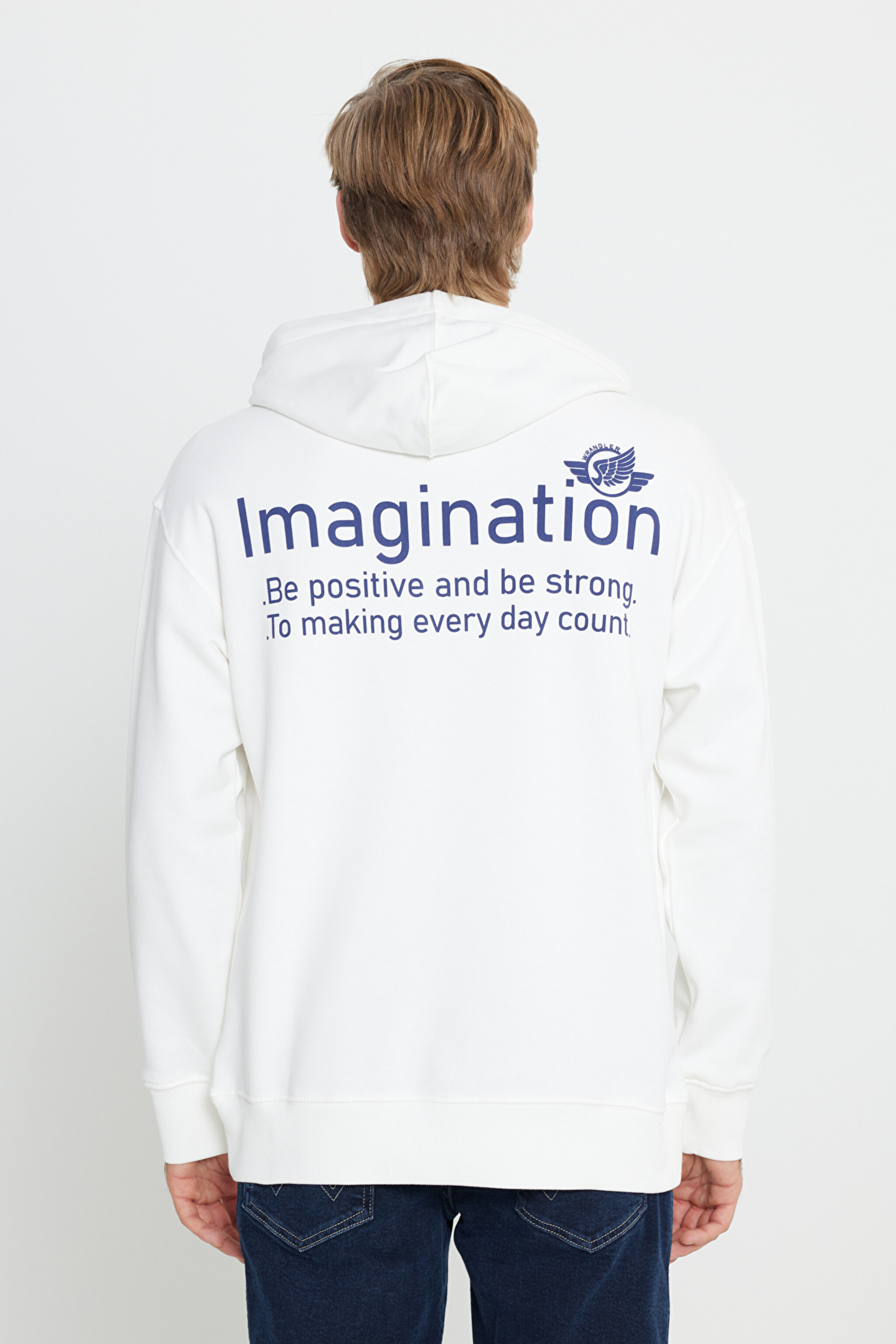 Loose Fit Rahat Kesim Kapüşonlu Sırt Baskılı İçi Polarlı Beyaz Sweatshirt - Off White-W232246102 (görsel 2)