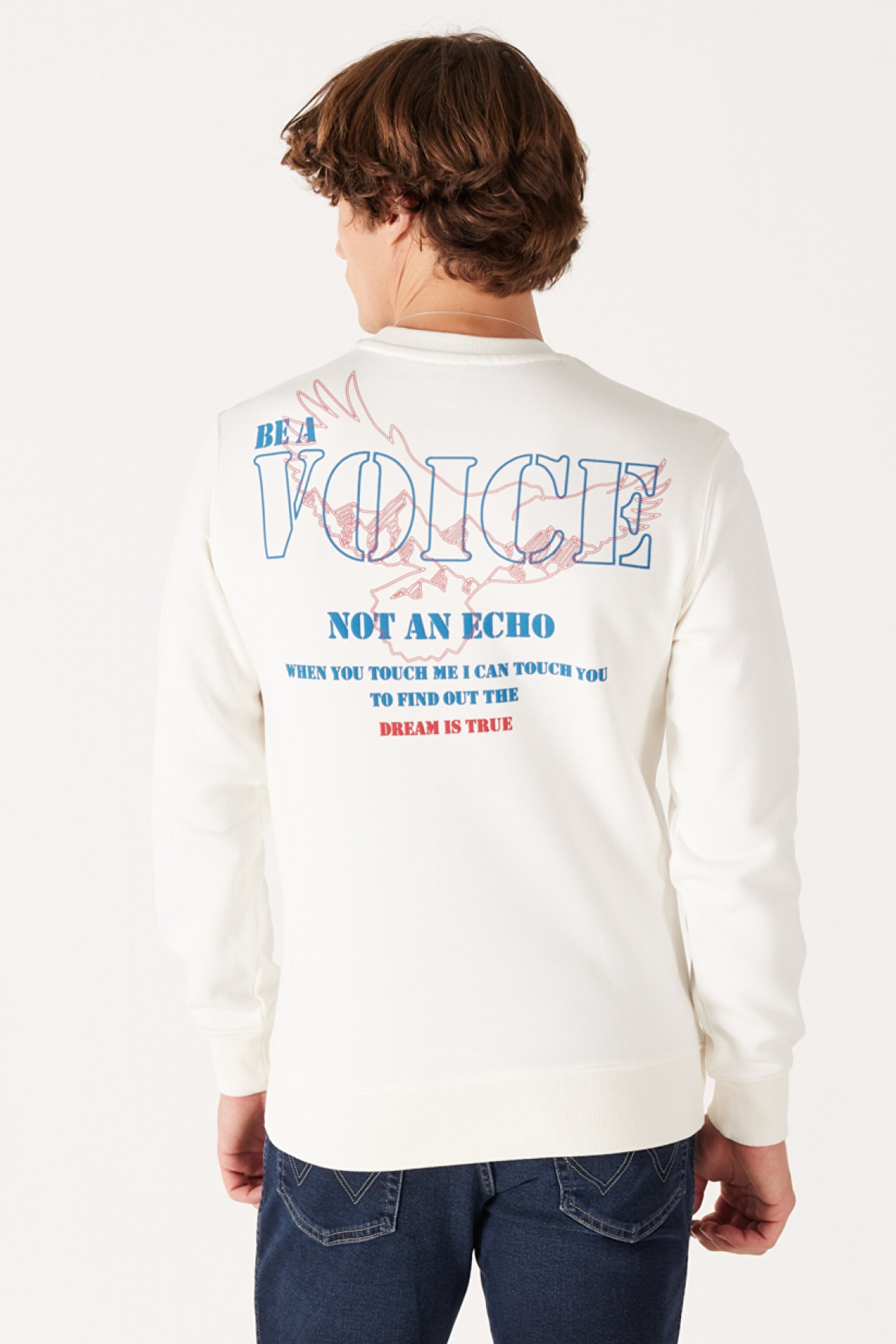 Regular Fit Normal Kesim Bisiklet Yaka İçi Polarlı Kırık Beyaz Sweatshirt