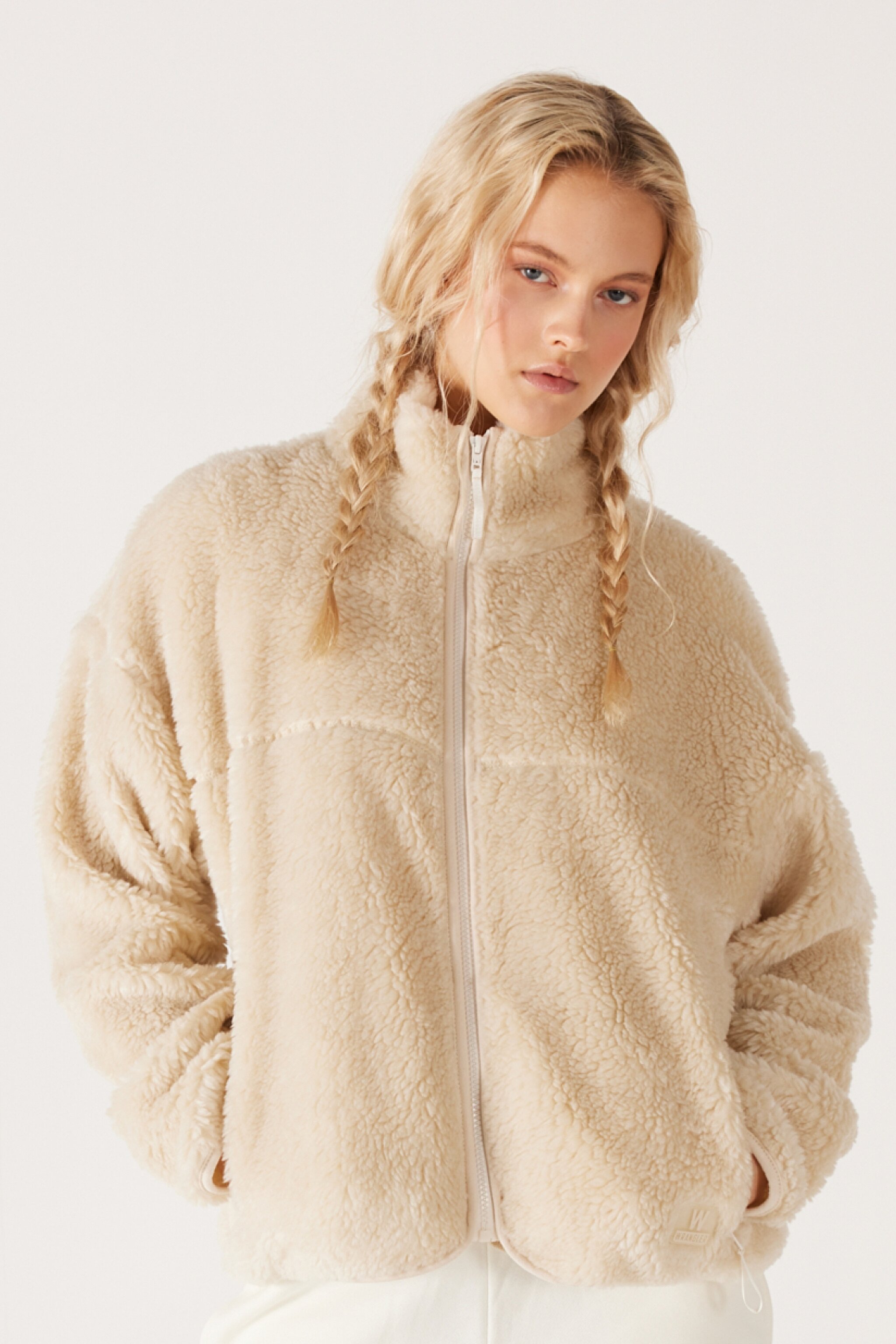 Oversize Fit Geniş Kesim Dik Yaka Tam Fermuarlı Ekru Sherpa Ceket - Off White-W232253102 (görsel 2)