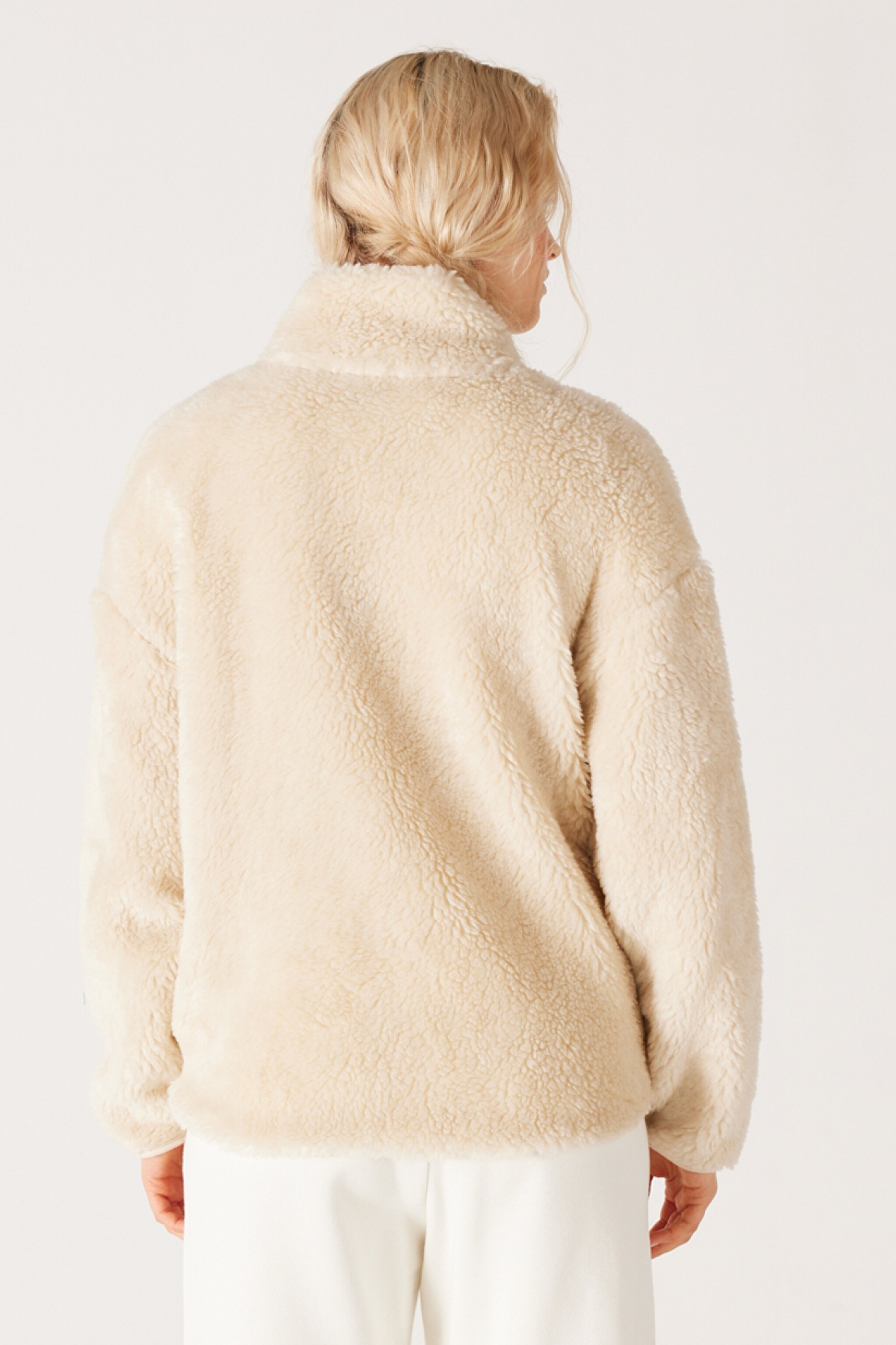 Oversize Fit Geniş Kesim Dik Yaka Tam Fermuarlı Ekru Sherpa Ceket - Off White-W232253102 (görsel 6)