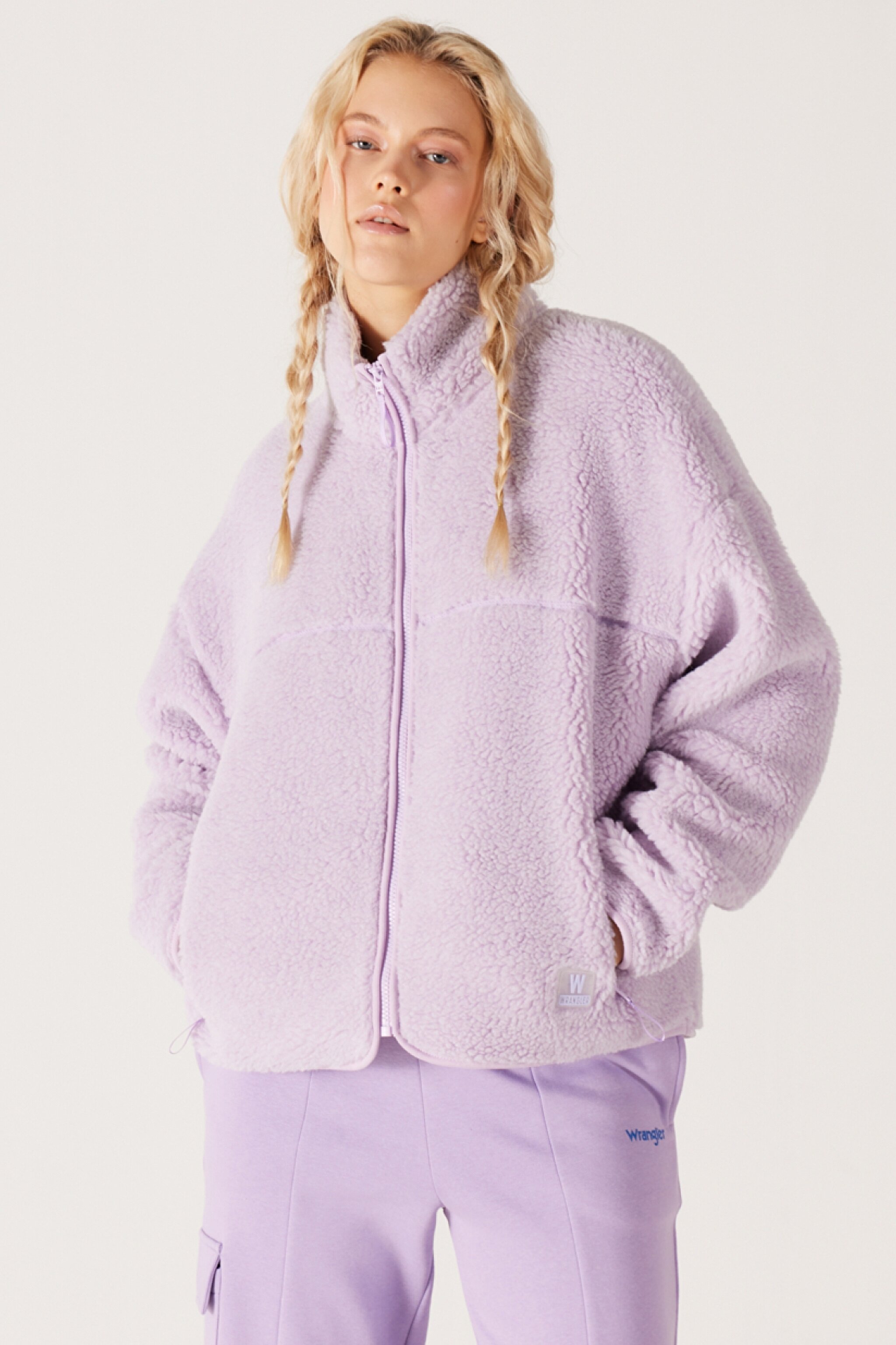 Oversize Fit Geniş Kesim Dik Yaka Tam Fermuarlı Lila Sherpa Ceket - Lilac-W232253505