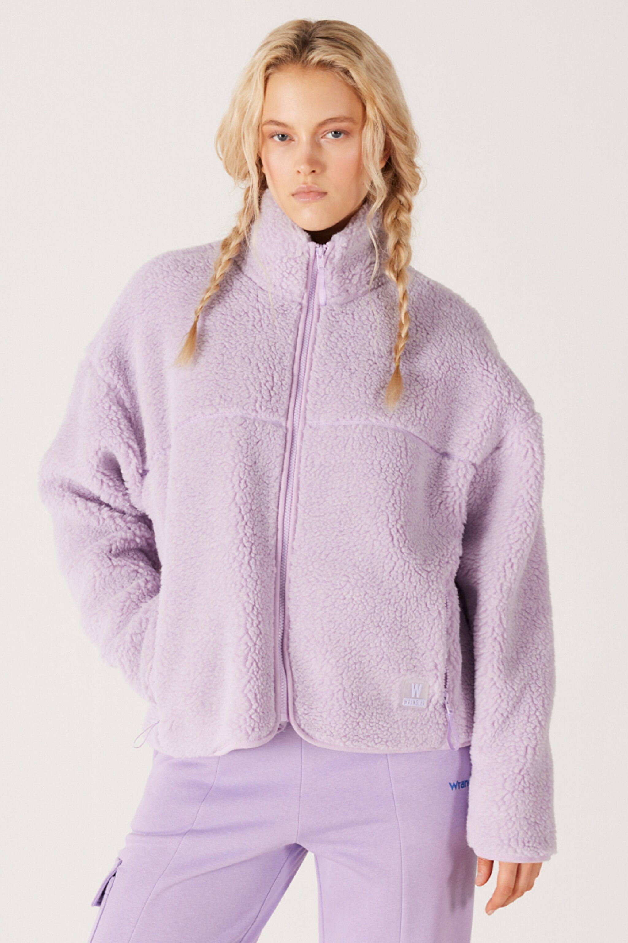 Oversize Fit Geniş Kesim Dik Yaka Tam Fermuarlı Lila Sherpa Ceket - Lilac-W232253505 (görsel 2)