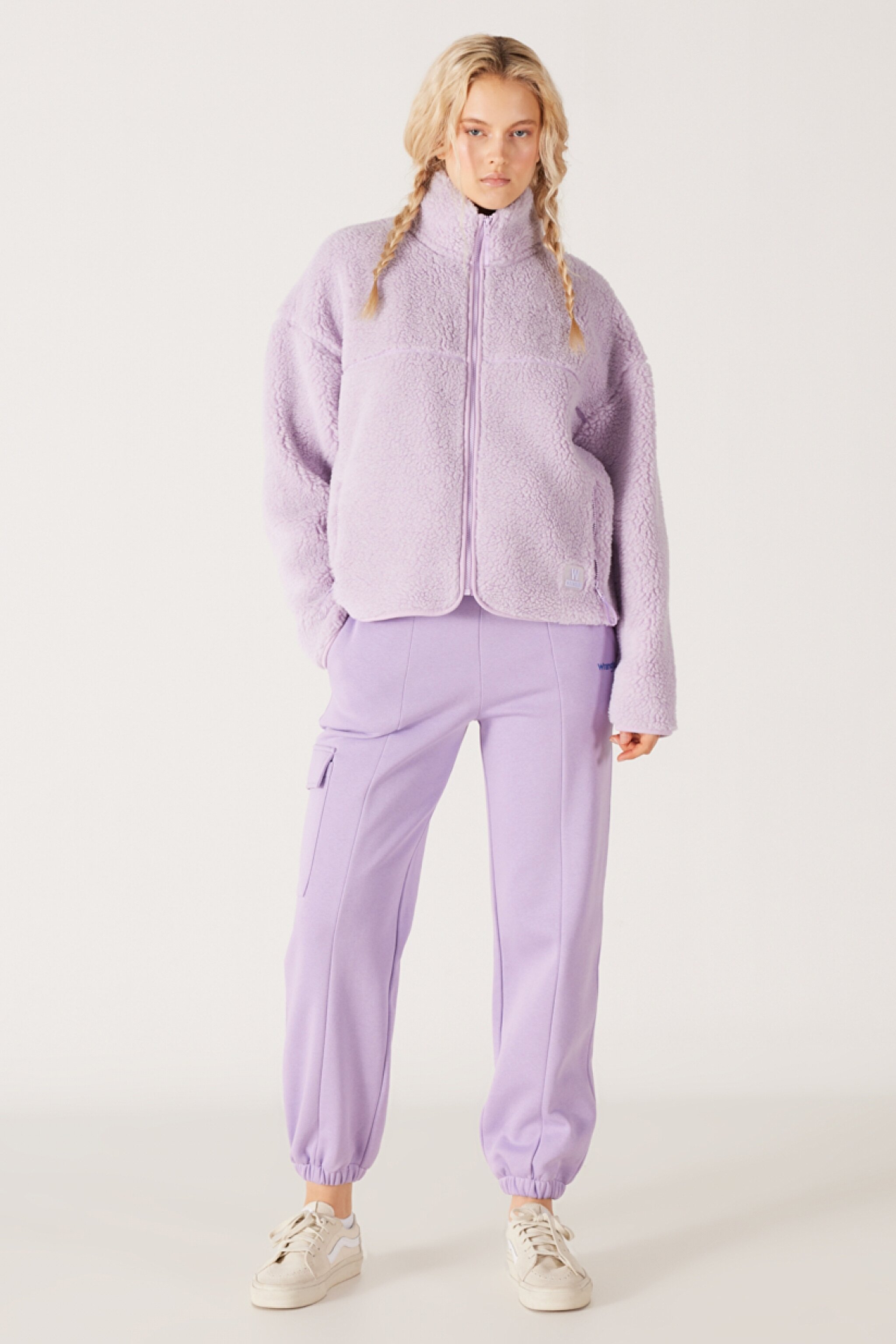 Oversize Fit Geniş Kesim Dik Yaka Tam Fermuarlı Lila Sherpa Ceket - Lilac-W232253505 (görsel 5)