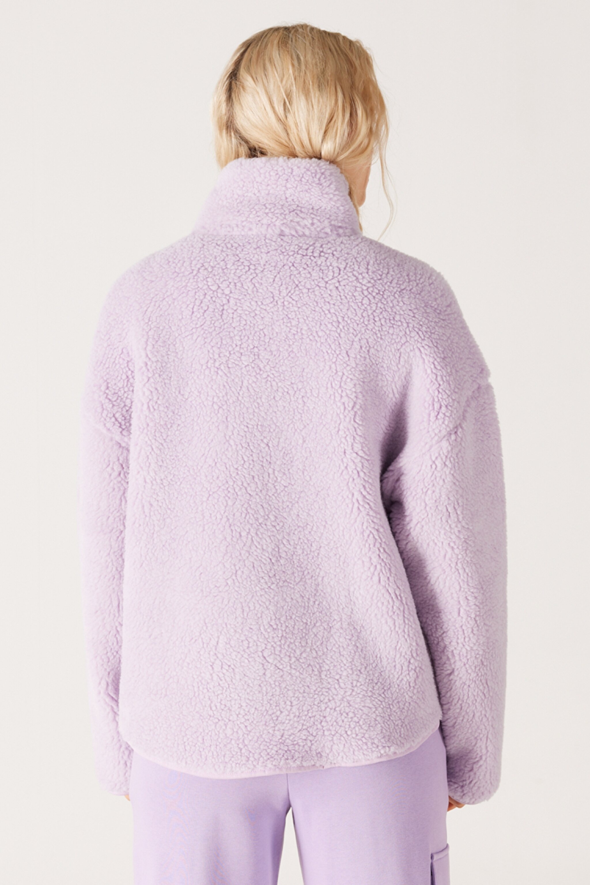 Oversize Fit Geniş Kesim Dik Yaka Tam Fermuarlı Lila Sherpa Ceket - Lilac-W232253505 (görsel 6)