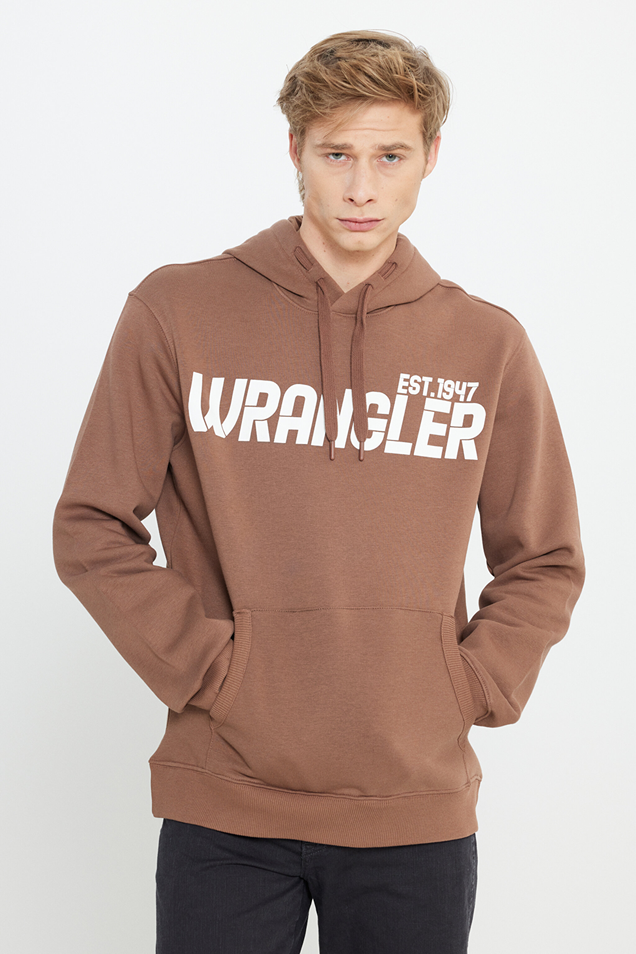 Regular Fit Normal Kesim Kapüşonlu İçi Polarlı Kahverengi Sweatshirt