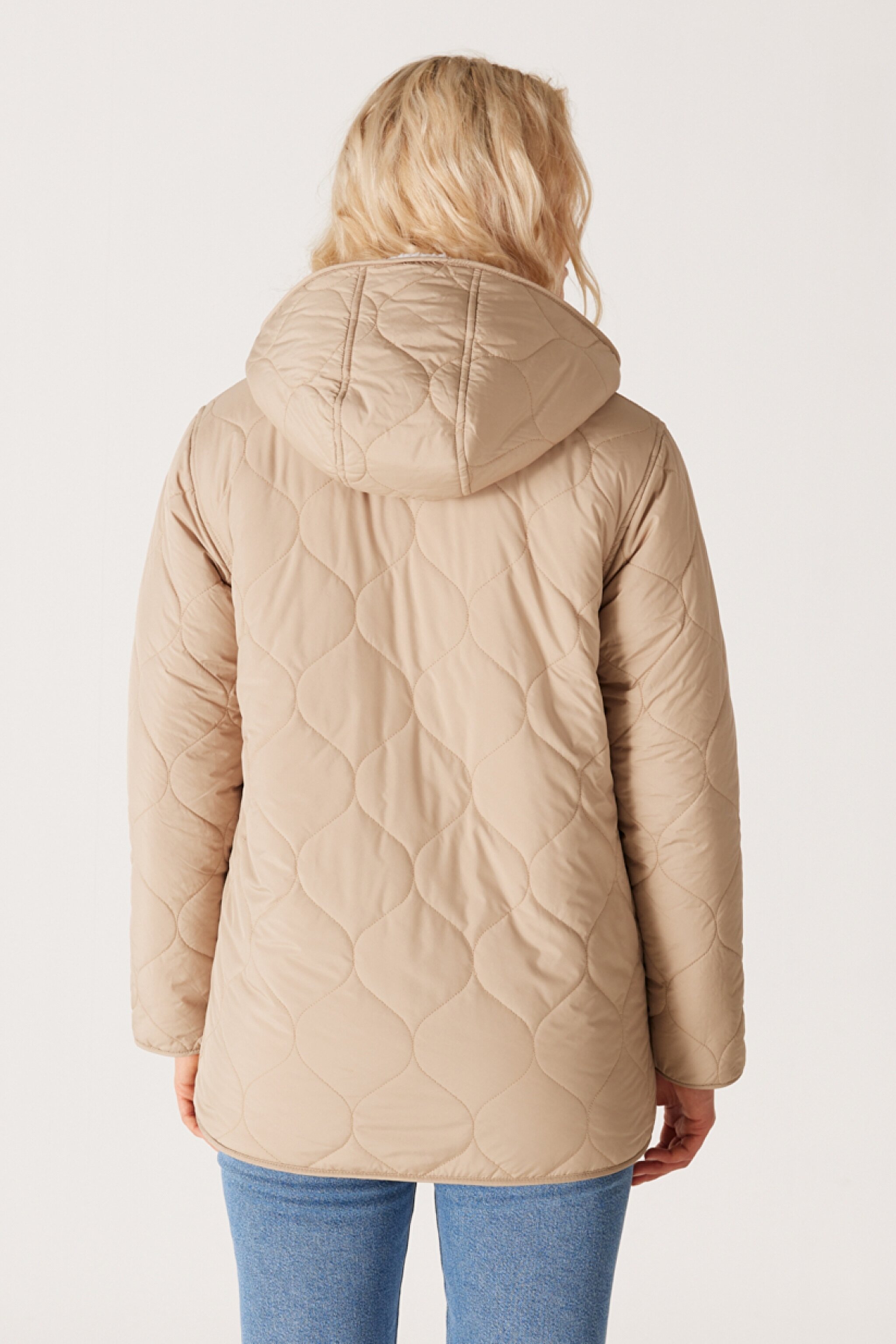 Loose Fit Rahat Kesim Kapüşonlu Çift Taraflı Sherpa Bej Mont - Beige-W232275614 (görsel 9)