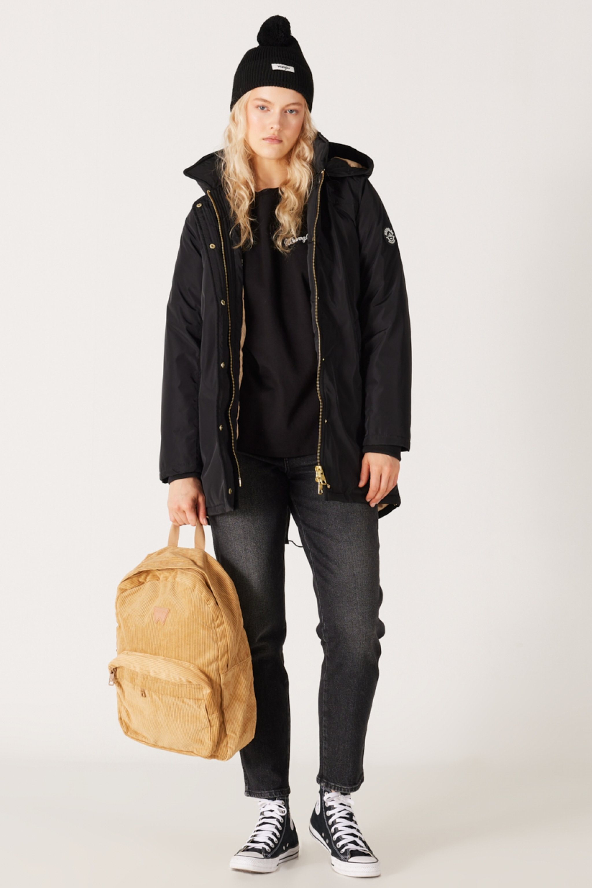 Loose Fit Rahat Kesim Kapüşonlu Siyah Parka Ceket - Black-W232276001 (görsel 6)