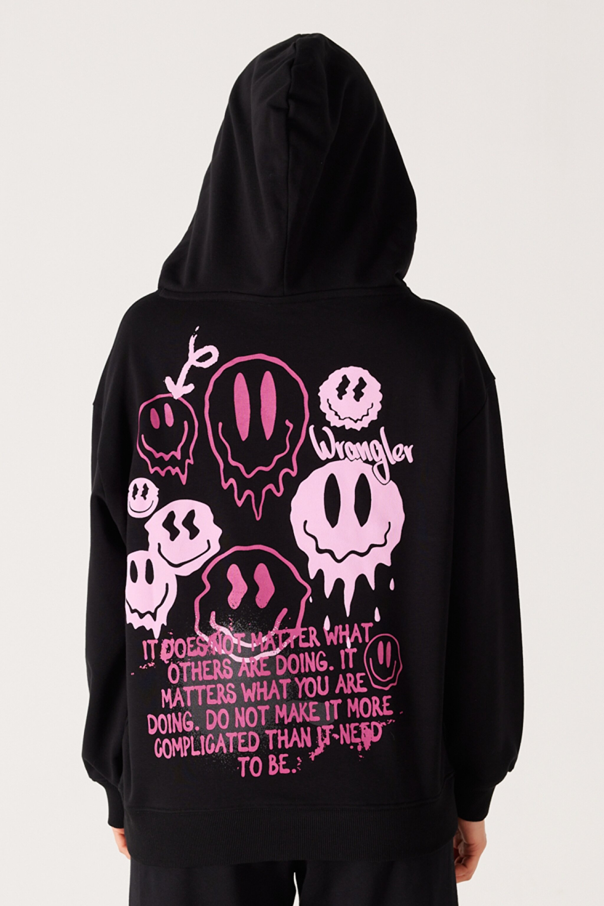 Oversize Bol Kesim Kapüşonlu Sırt Baskılı Siyah Sweatshirt - Black-W232296001