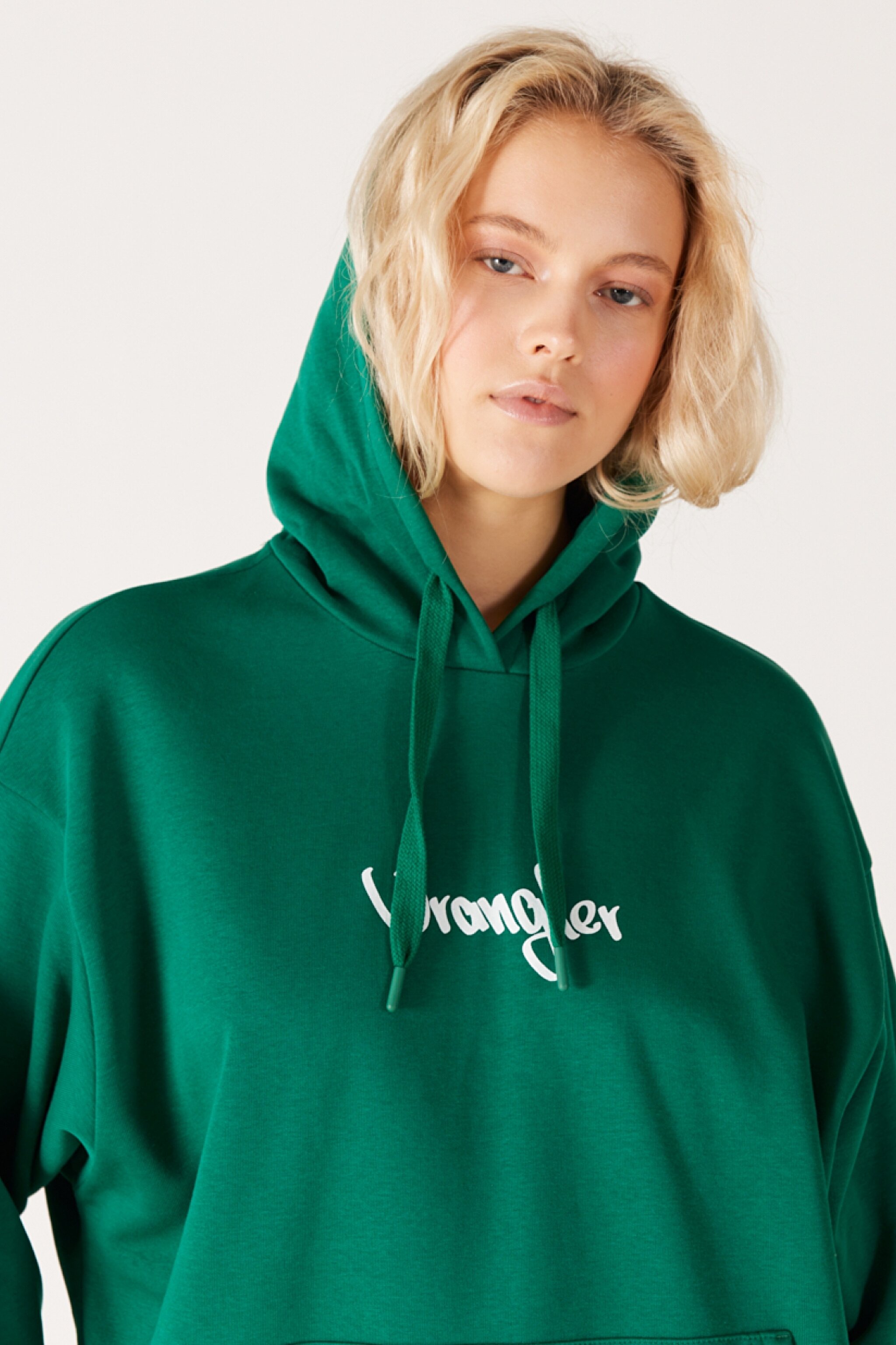 Oversize Bol Kesim Kapüşonlu Sırt Baskılı Yeşil Sweatshirt - Khaki-W232299801 (görsel 3)