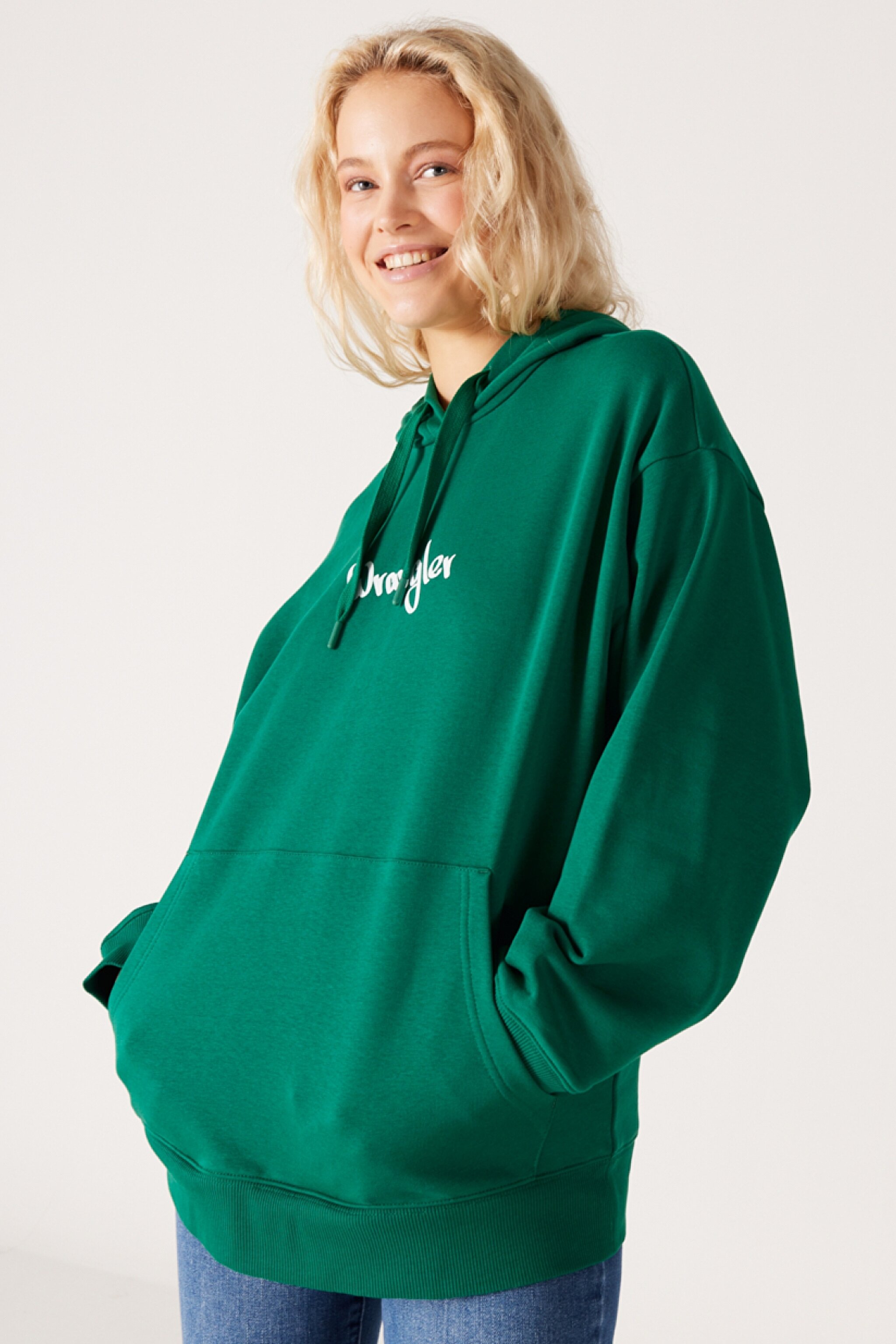 Oversize Bol Kesim Kapüşonlu Sırt Baskılı Yeşil Sweatshirt - Khaki-W232299801 (görsel 5)