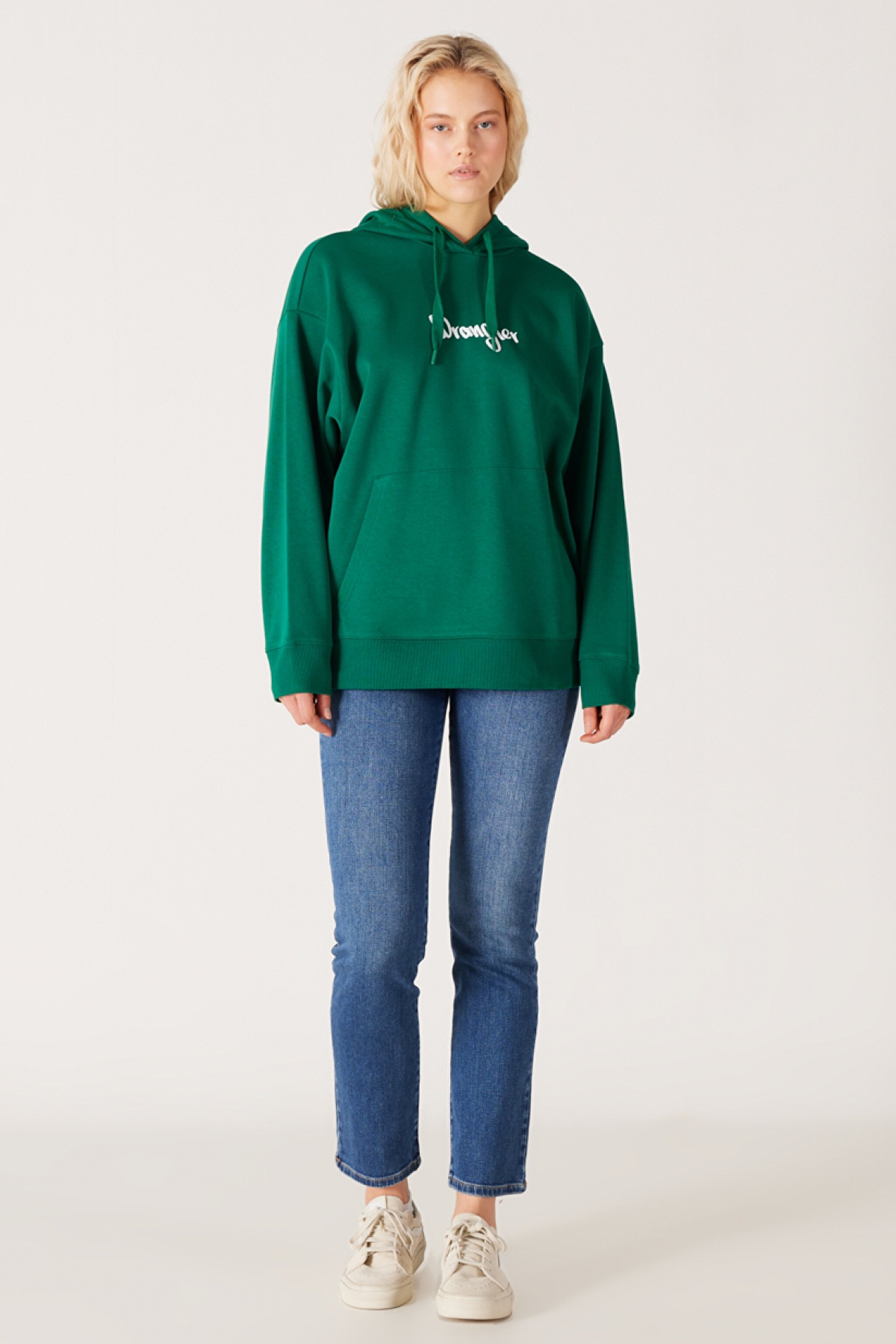 Oversize Bol Kesim Kapüşonlu Sırt Baskılı Yeşil Sweatshirt - Khaki-W232299801 (görsel 8)