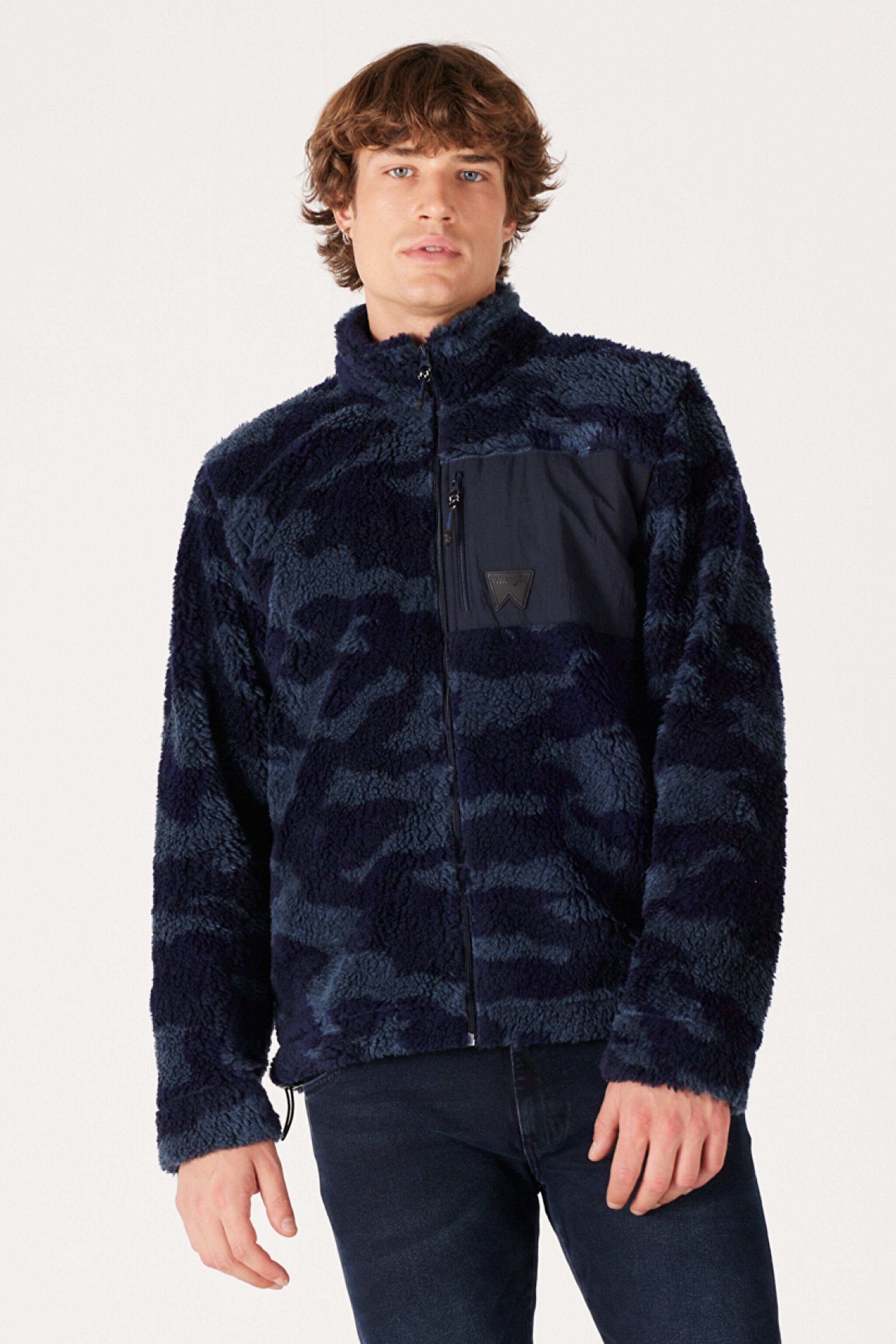 Loose Fit Rahat Kesim Dik Yaka Tam Fermuarlı Lacivert Sherpa Ceket