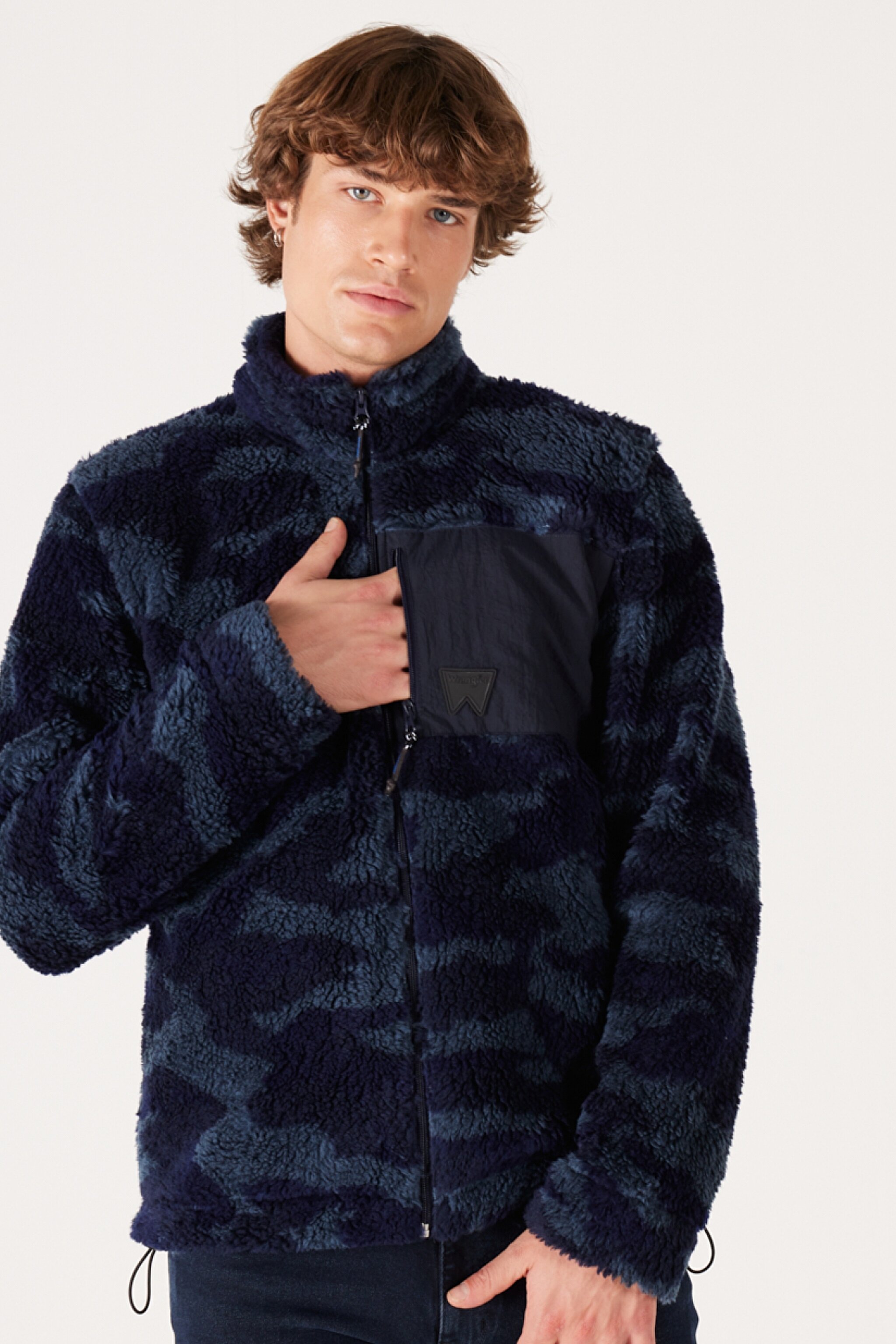 Loose Fit Rahat Kesim Dik Yaka Tam Fermuarlı Lacivert Sherpa Ceket - Navy-W232304410 (görsel 2)