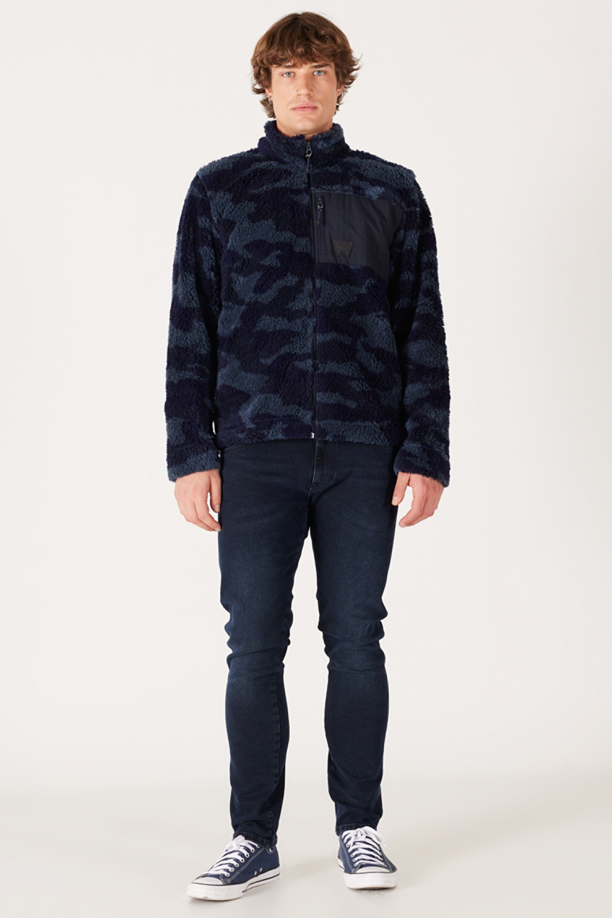 Loose Fit Rahat Kesim Dik Yaka Tam Fermuarlı Lacivert Sherpa Ceket - Navy-W232304410 (görsel 5)