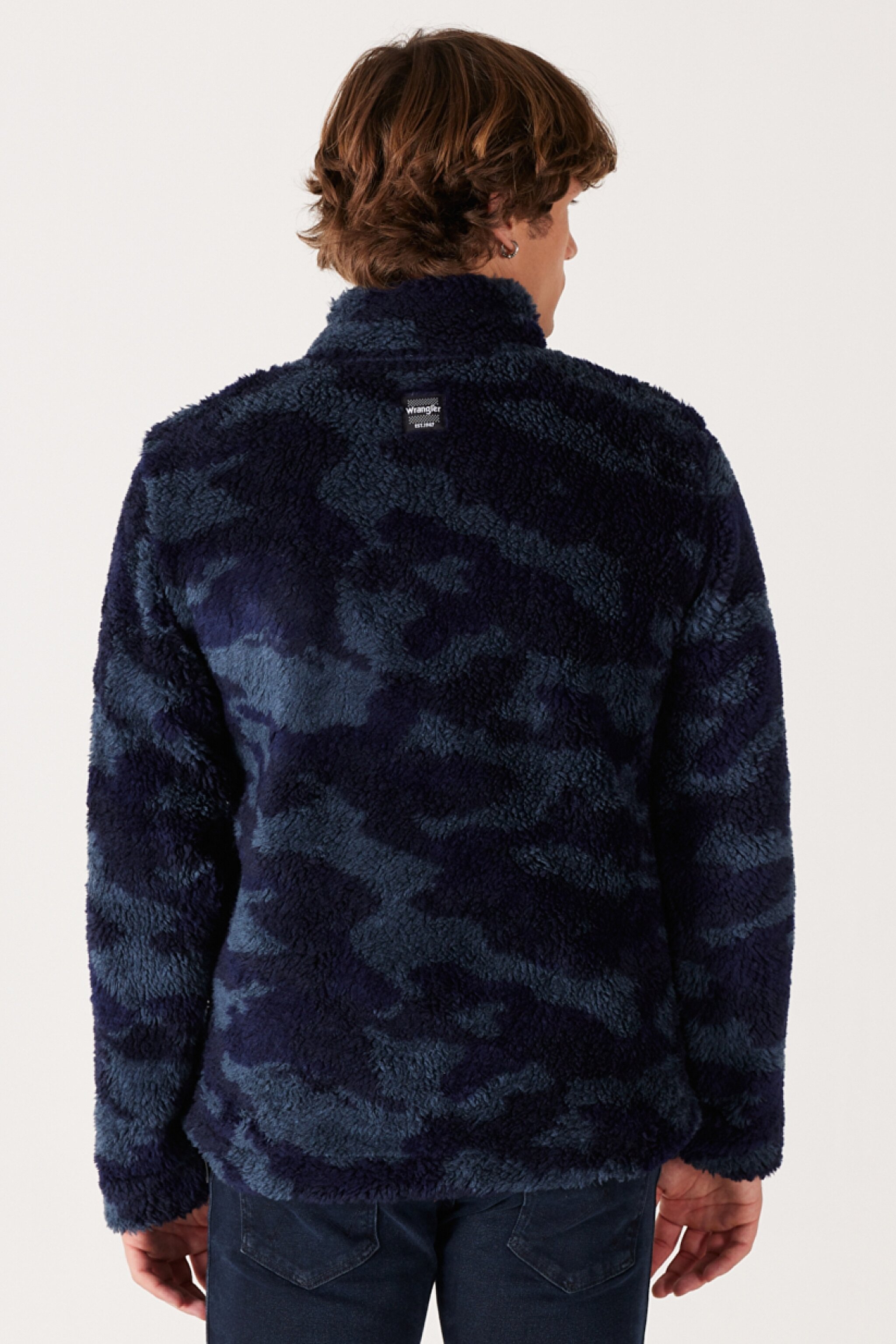 Loose Fit Rahat Kesim Dik Yaka Tam Fermuarlı Lacivert Sherpa Ceket - Navy-W232304410 (görsel 6)
