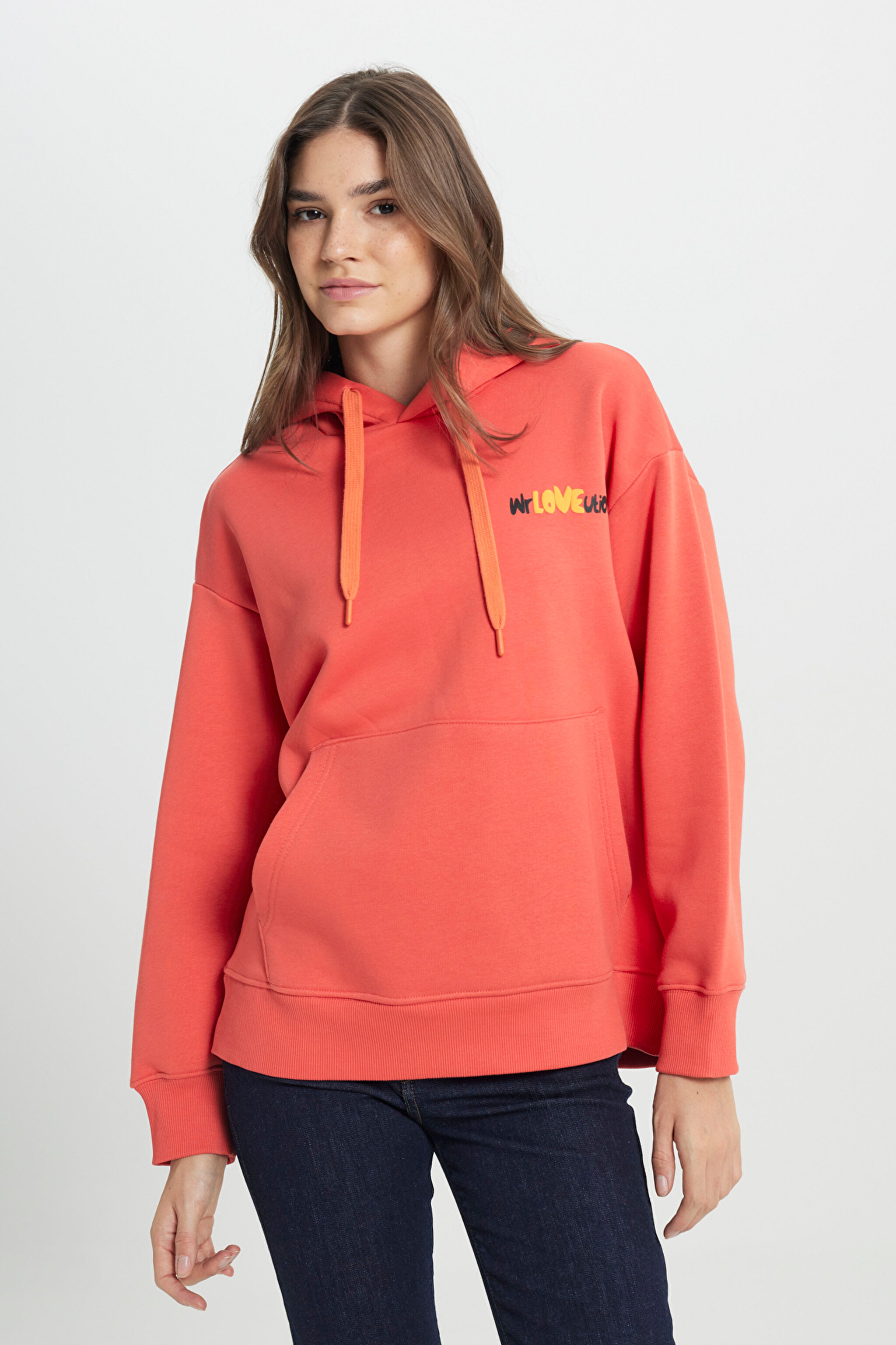 Oversize Bol Kesim Kapüşonlu İçi Polarlı Kırmızı Sweatshirt