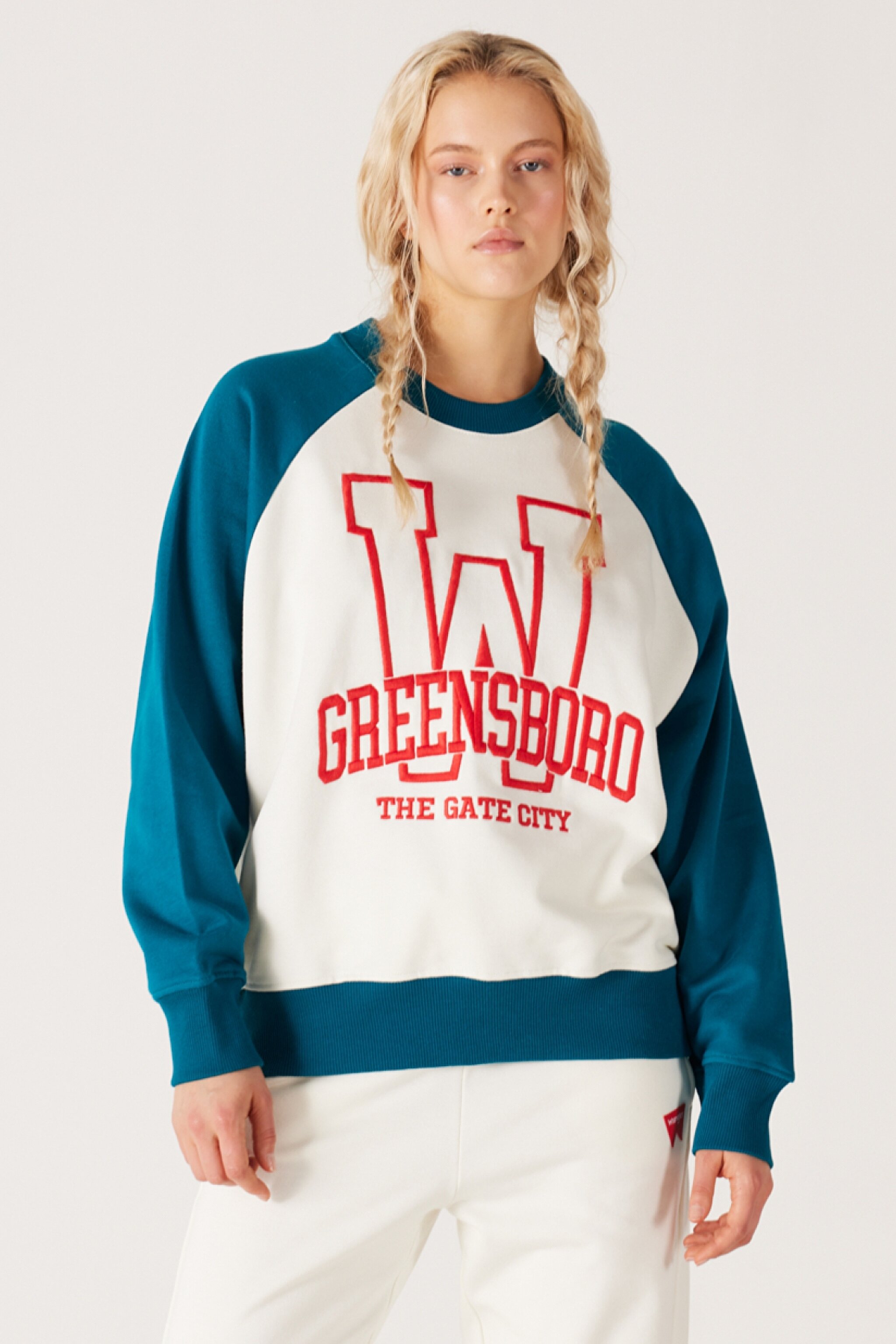 Oversize Fit Geniş Kesim Bisiklet Yaka İçi Polarlı Mavi Beyaz Sweatshirt - Off White-W232330102