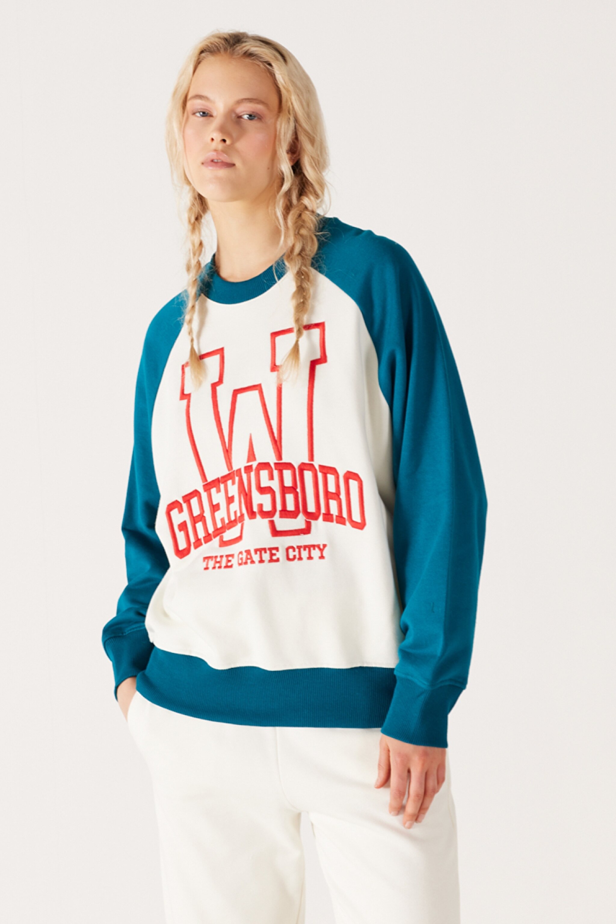 Oversize Fit Geniş Kesim Bisiklet Yaka İçi Polarlı Mavi Beyaz Sweatshirt - Off White-W232330102 (görsel 2)