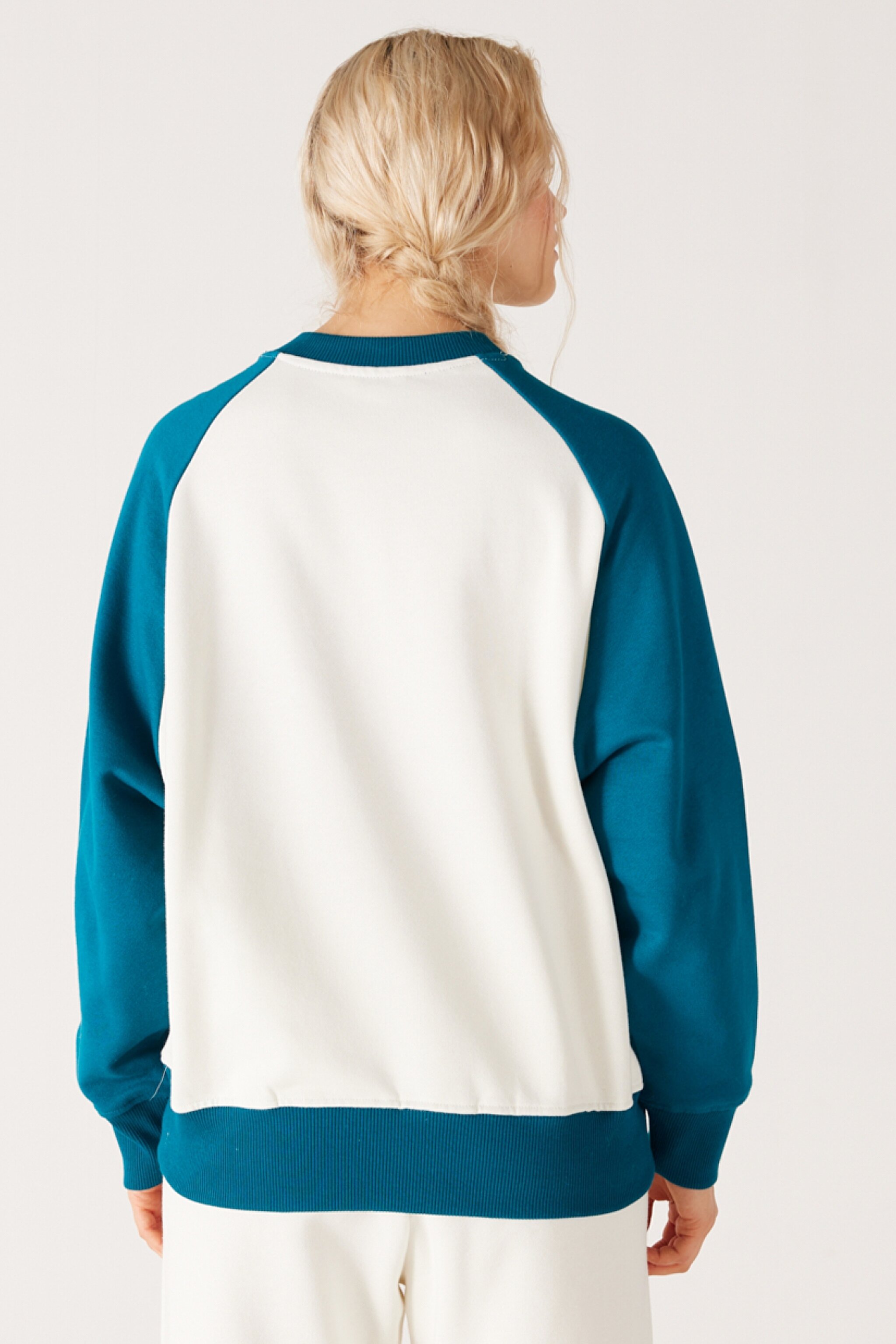 Oversize Fit Geniş Kesim Bisiklet Yaka İçi Polarlı Mavi Beyaz Sweatshirt - Off White-W232330102 (görsel 7)