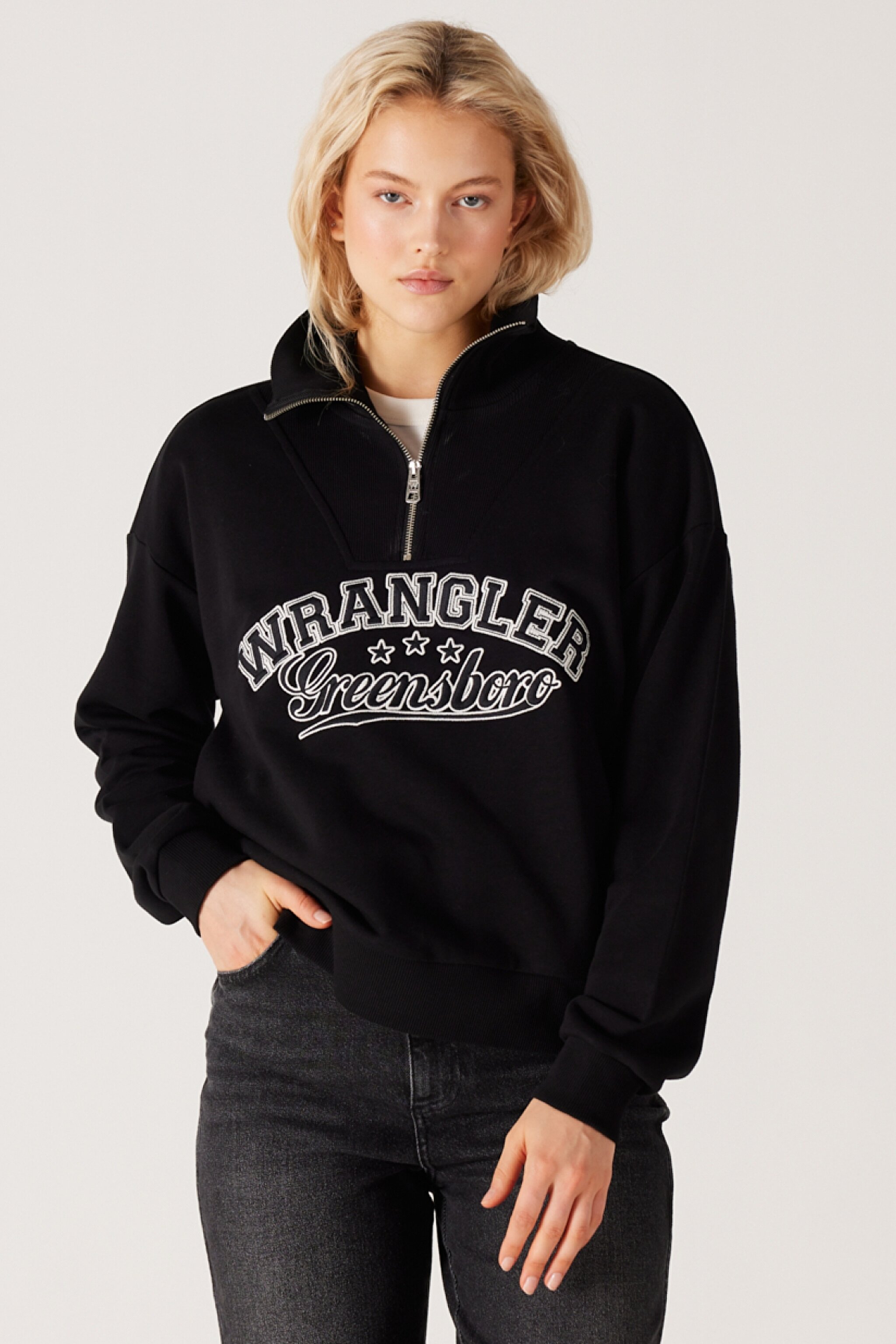 Relaxed Fit Geniş Kesim Dik Yaka Yarım Fermuarlı İçi Polarlı Siyah Sweatshirt - Black-W232331001
