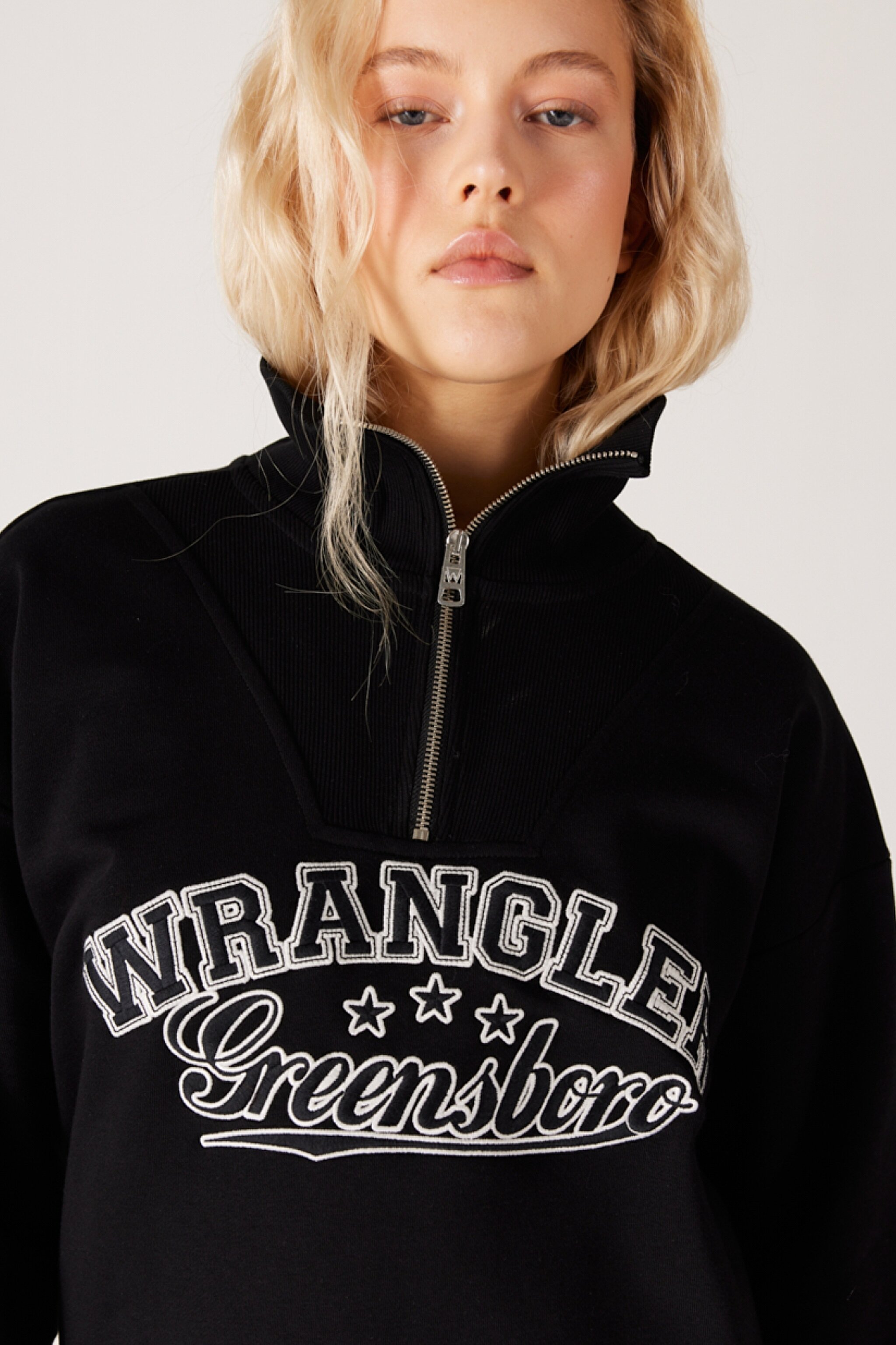 Relaxed Fit Geniş Kesim Dik Yaka Yarım Fermuarlı İçi Polarlı Siyah Sweatshirt - Black-W232331001 (görsel 4)