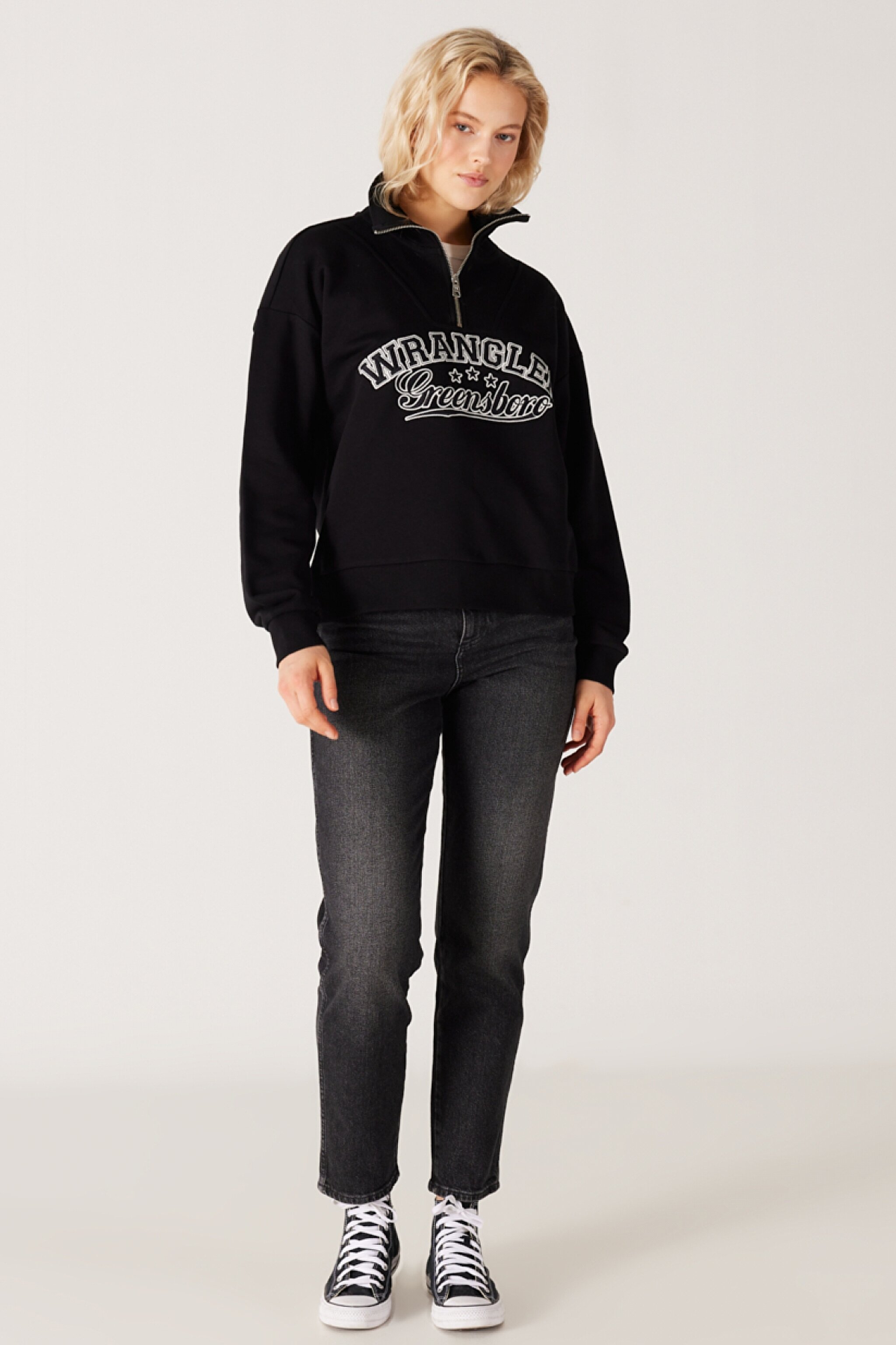 Relaxed Fit Geniş Kesim Dik Yaka Yarım Fermuarlı İçi Polarlı Siyah Sweatshirt - Black-W232331001 (görsel 5)