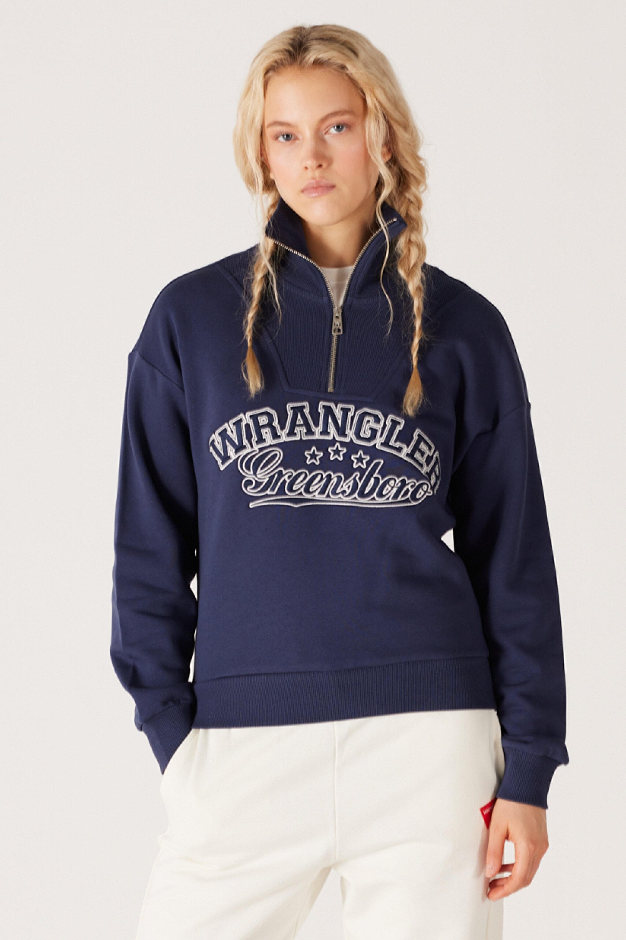 Relaxed Fit Geniş Kesim Dik Yaka Yarım Fermuarlı İçi Polarlı İndigo Sweatshirt - Indigo-W232331315