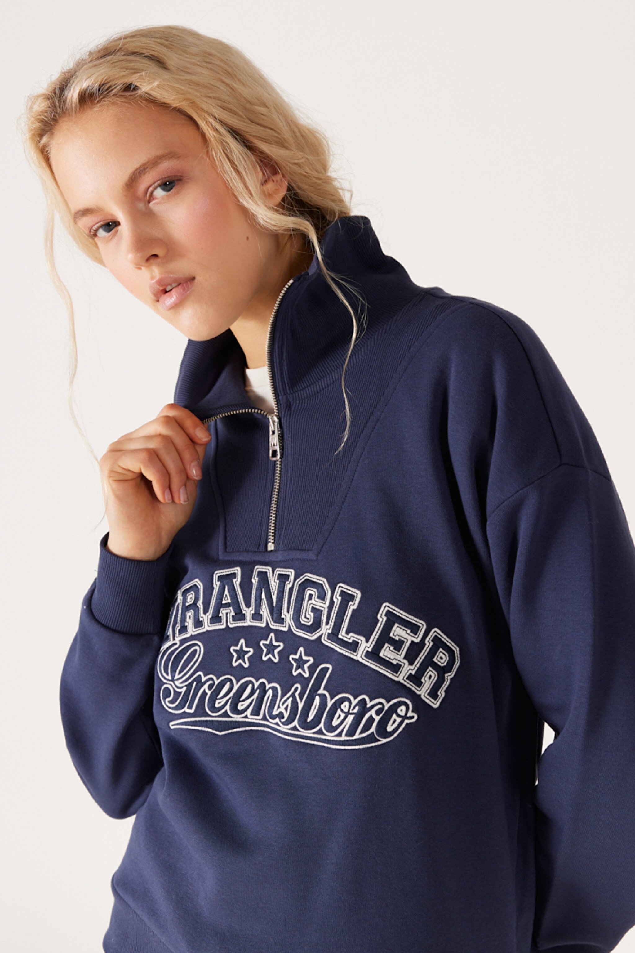 Relaxed Fit Geniş Kesim Dik Yaka Yarım Fermuarlı İçi Polarlı İndigo Sweatshirt - Indigo-W232331315 (görsel 4)