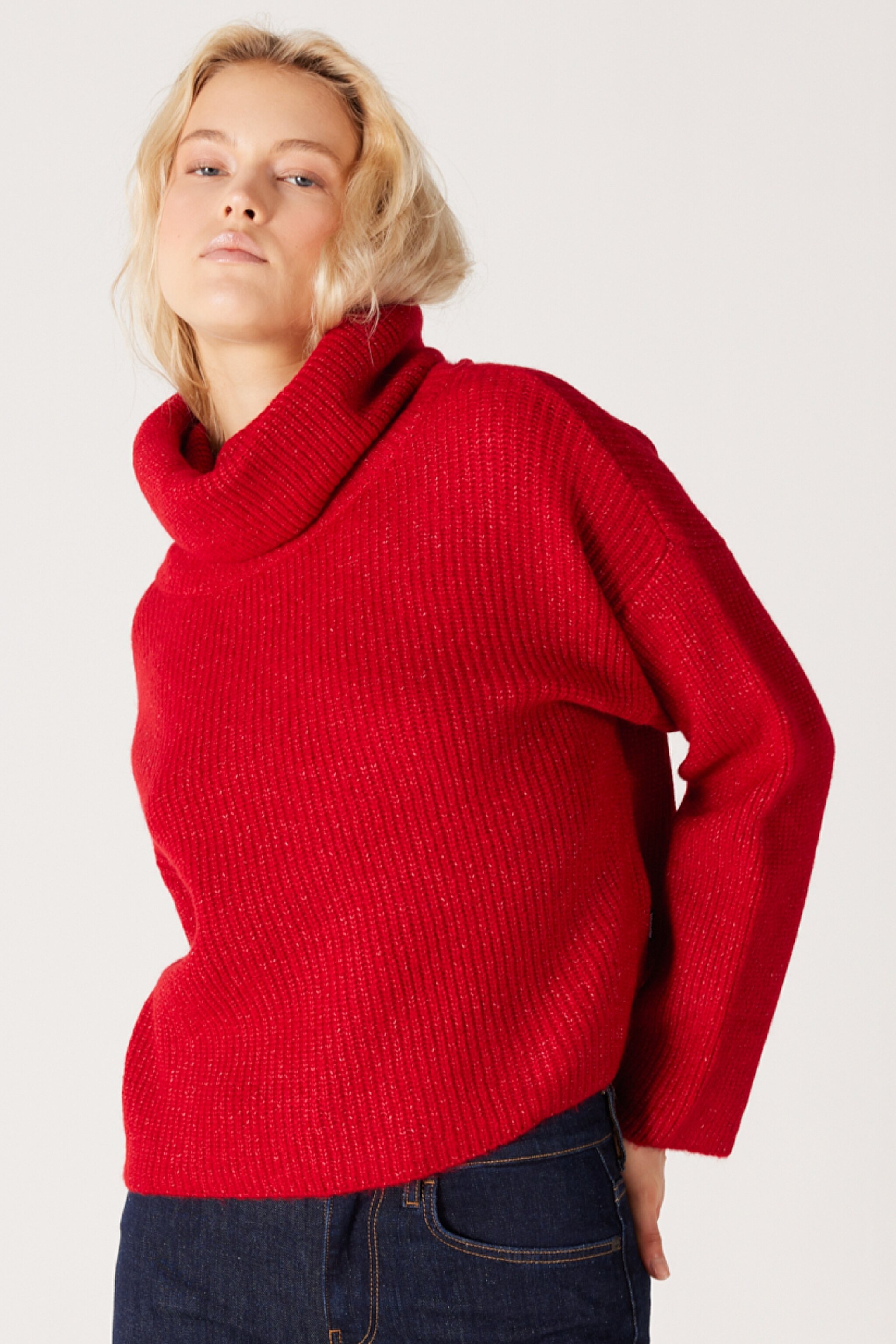 Regular Fit Normal Kesim Balıkçı Yaka Kırmızı Triko Kazak - Red-W232354600 (görsel 4)