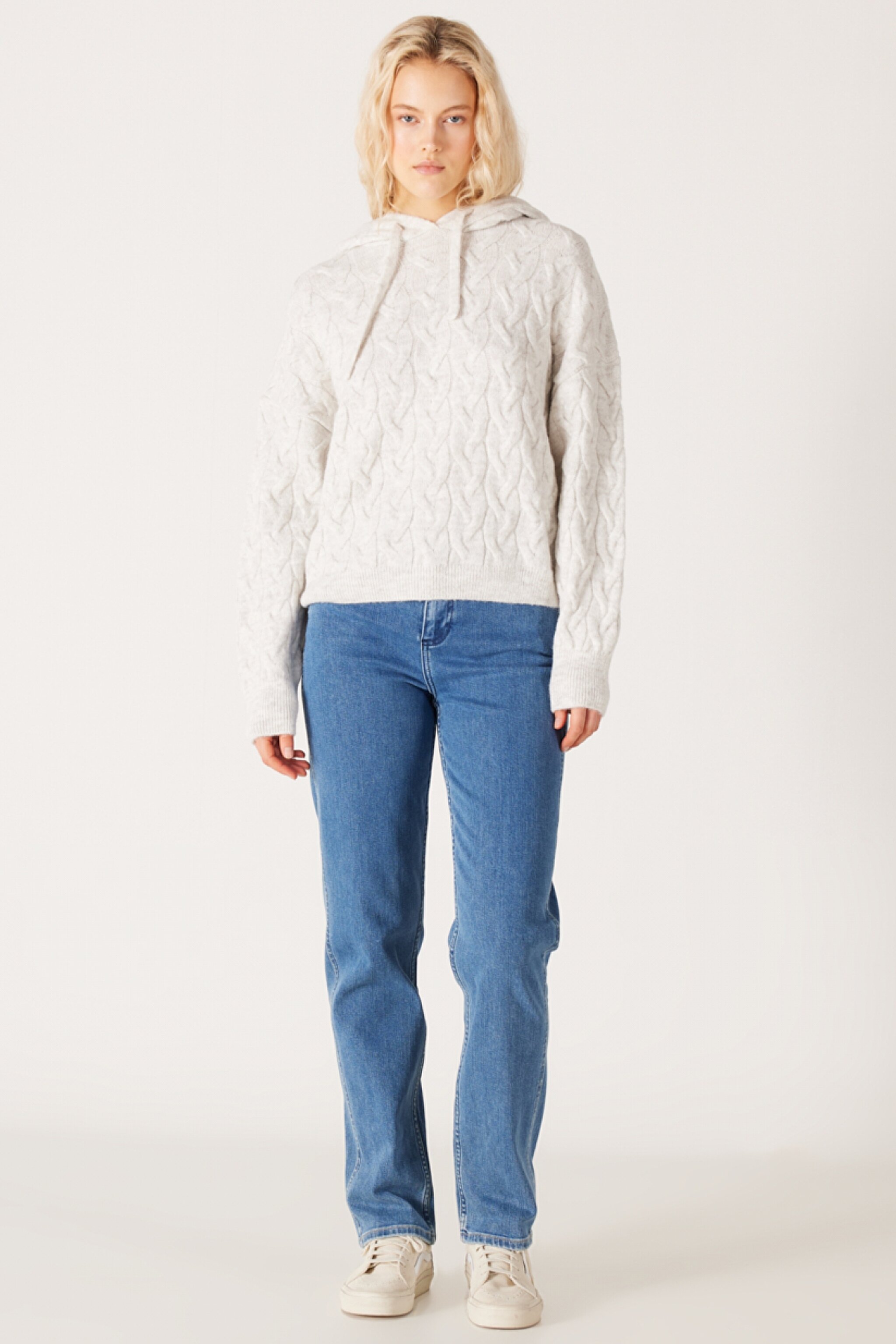 Regular Fit Normal Kesim Kapüşonlu Ekru Triko Kazak - Ecru-W232365104 (görsel 6)