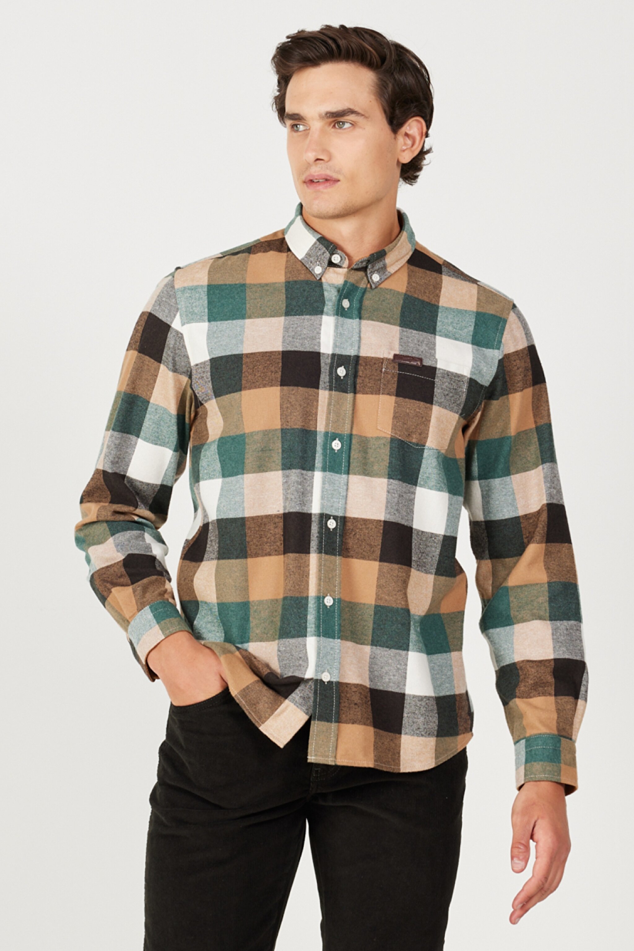 Regular Fit Normal Kesim Şardonlu Ekoseli Yeşil Uzun Kollu Gömlek - Multi-W232376900