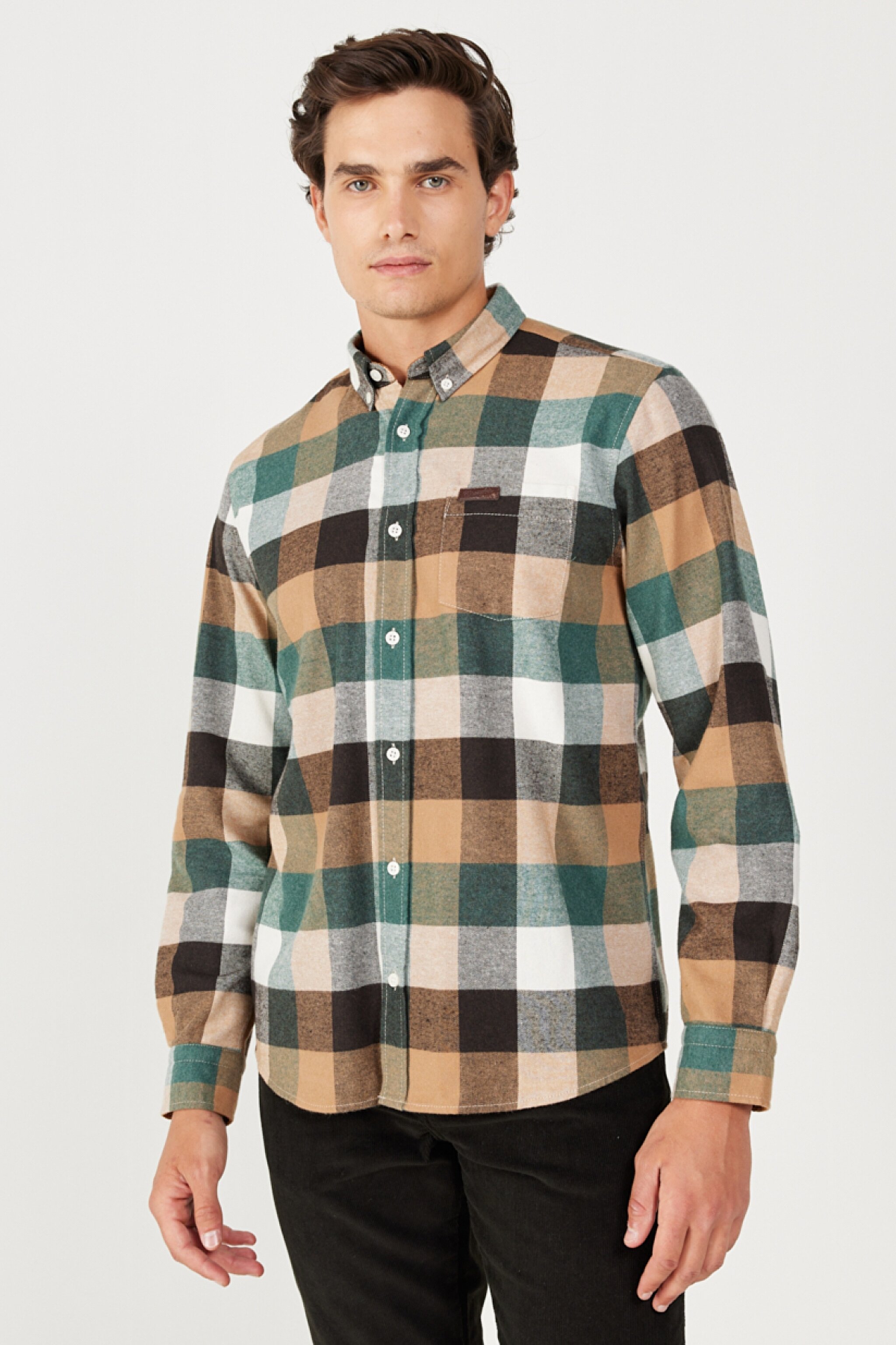 Regular Fit Normal Kesim Şardonlu Ekoseli Yeşil Uzun Kollu Gömlek - Multi-W232376900 (görsel 3)
