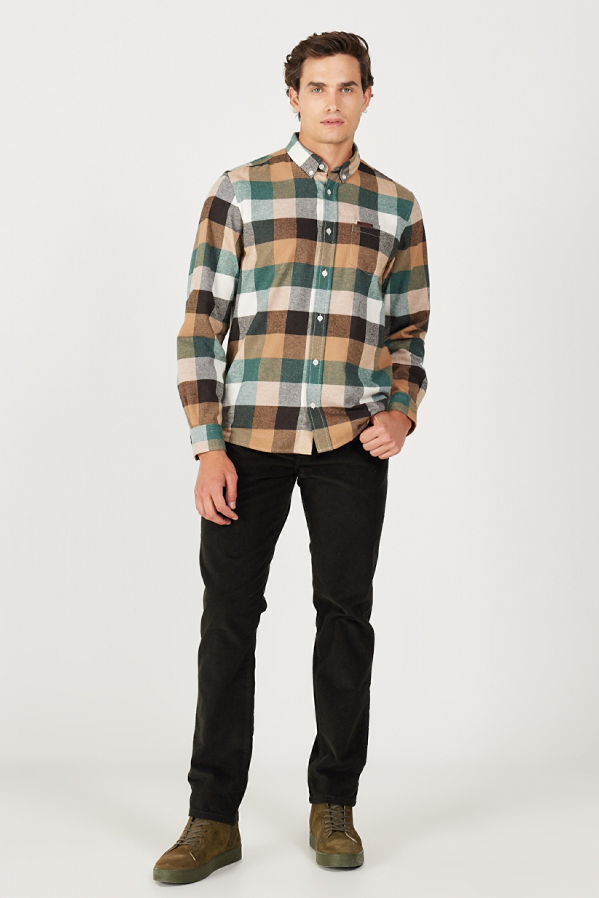 Regular Fit Normal Kesim Şardonlu Ekoseli Yeşil Uzun Kollu Gömlek - Multi-W232376900 (görsel 5)
